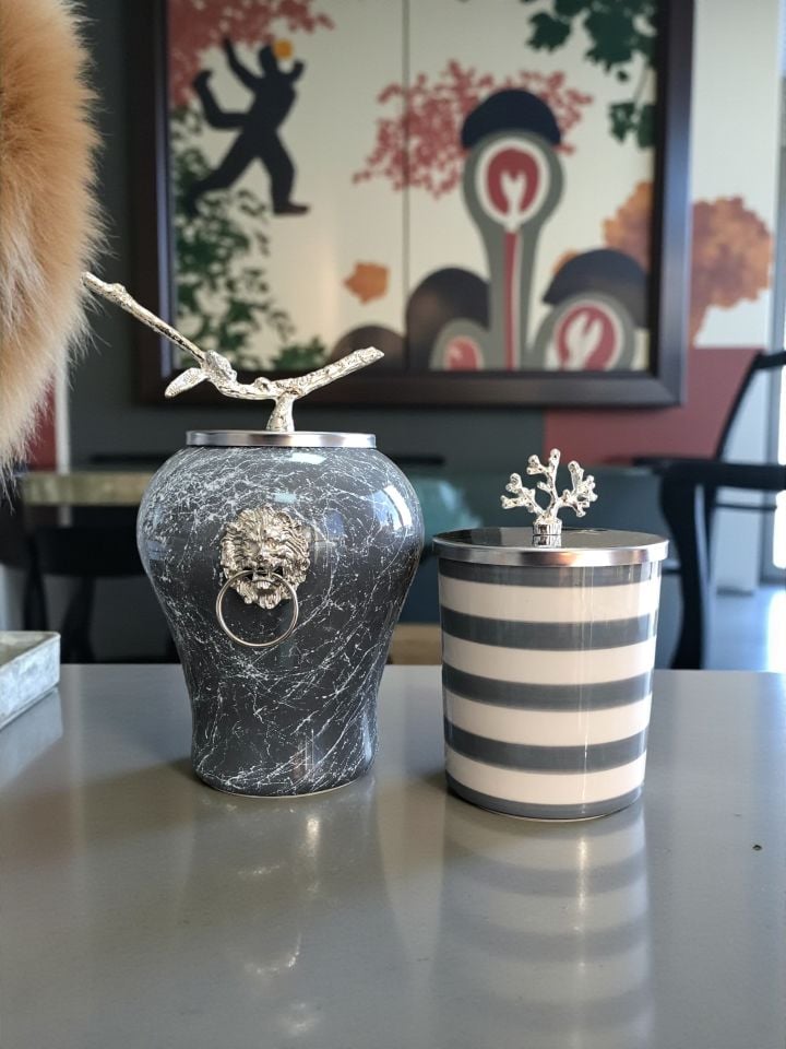 Dekoratif Obje Gri Şah Beyaz Mermer Gri Zebra Silindir Gümüş