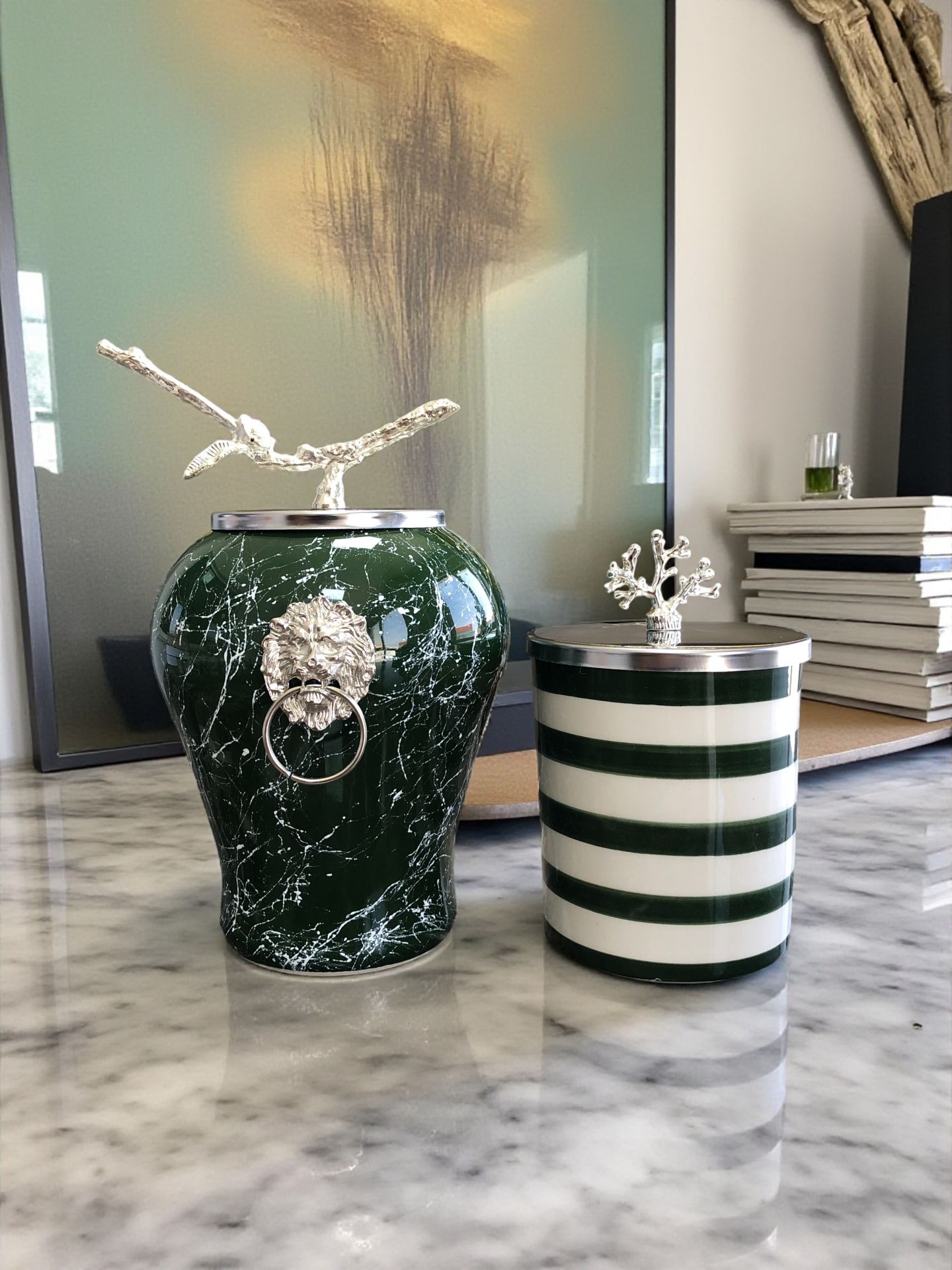 Dekoratif Obje Aslanlı Şah Küp Yeşil Mermer Silindir Yeşil Zebra Gümüş