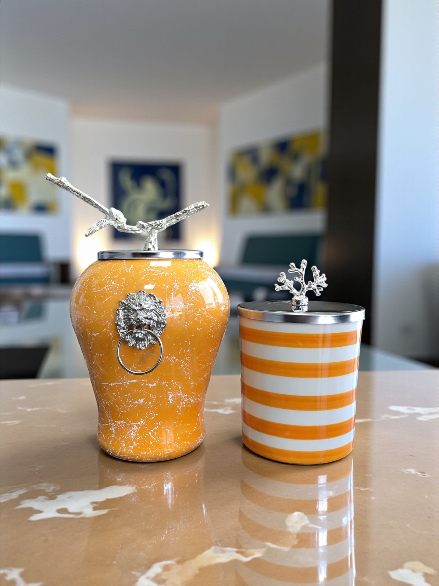 Dekoratif Obje Aslanlı Şah Küp Soft SarıMermer Silindir Soft Sarı Zebra Gümüş