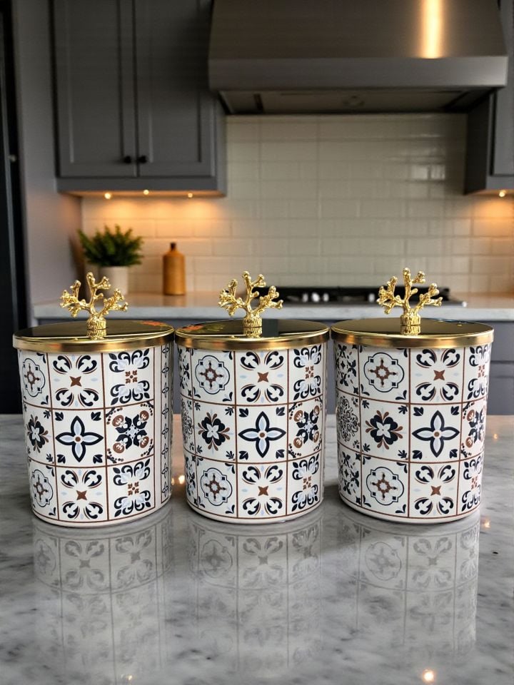 Baharatlık Silindir 3 lü Metalli Kahve Köşesi Ceramic Desen 750 ml Mercan Gold