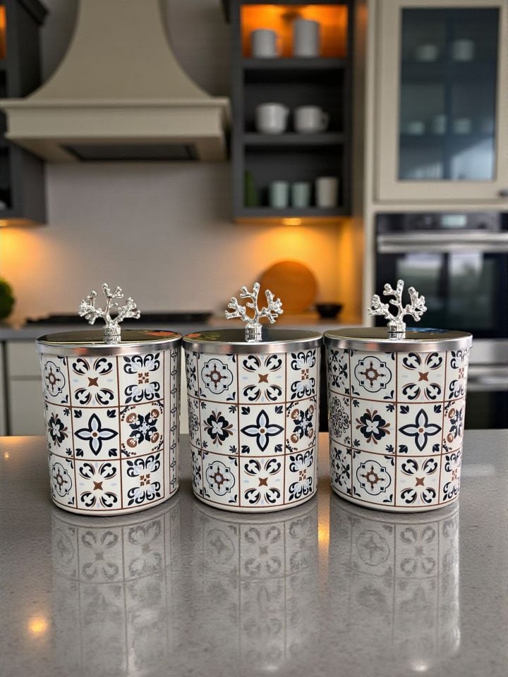 Baharatlık Silindir 3 lü Metalli Kahve Köşesi Ceramic Desen 750 ml Mercan GÜMÜŞ