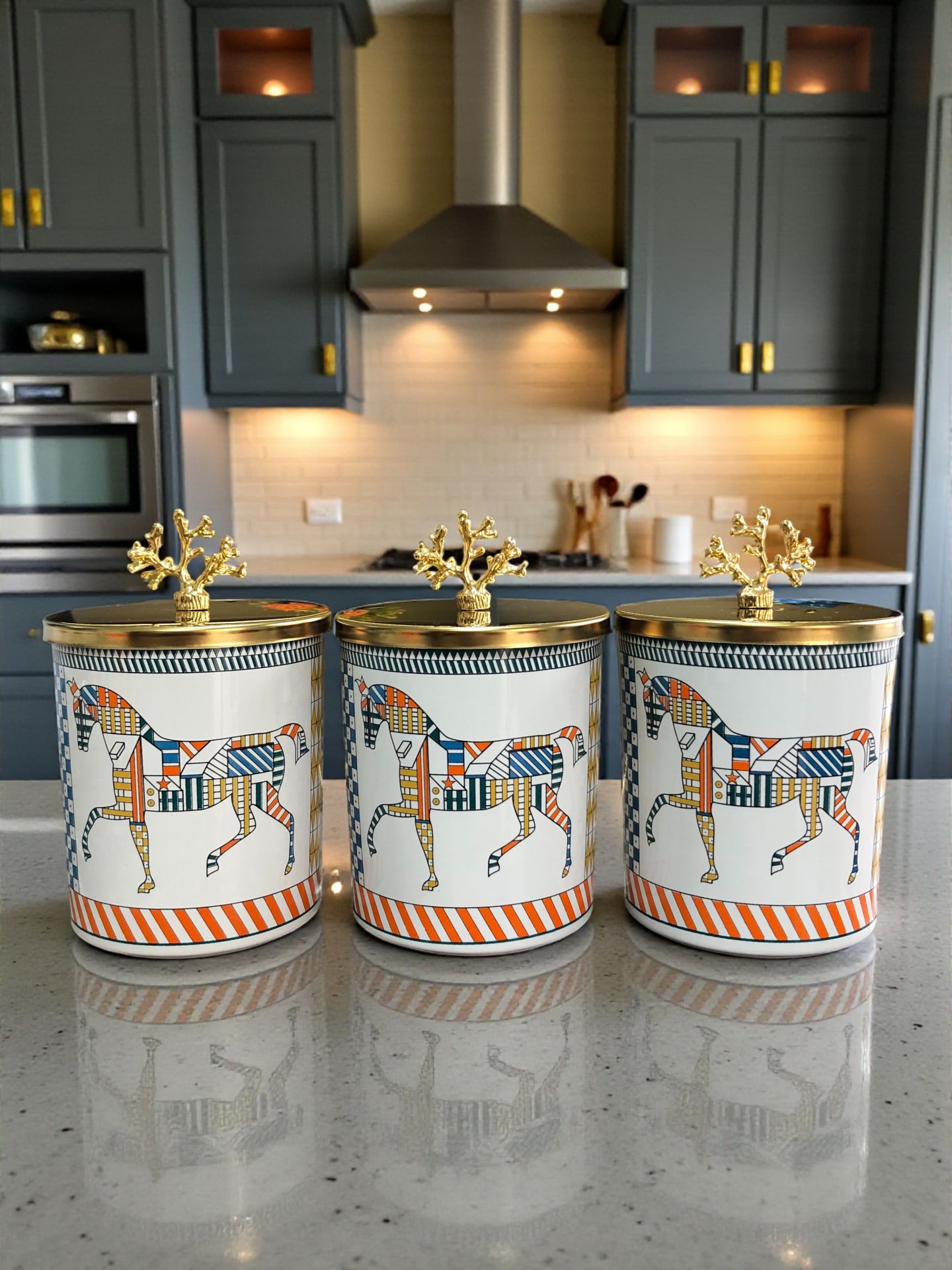 Baharatlık Silindir 3 lü Metalli Kahve Köşesi Herm Desen 750 ml Mercan Gold