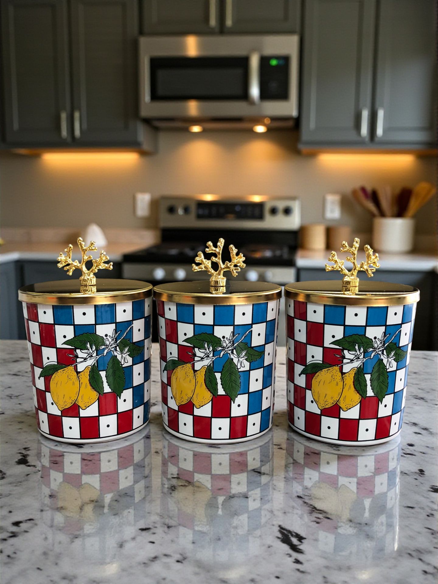 Baharatlık Silindir 3 lü Metalli Kahve Köşesi Damalı Limonlu 750 ml Mercan Gold