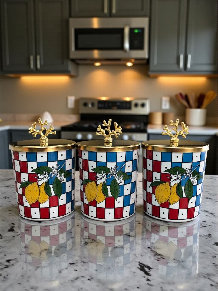 Baharatlık Silindir 3 lü Metalli Kahve Köşesi Damalı Limonlu 750 ml Mercan Gold