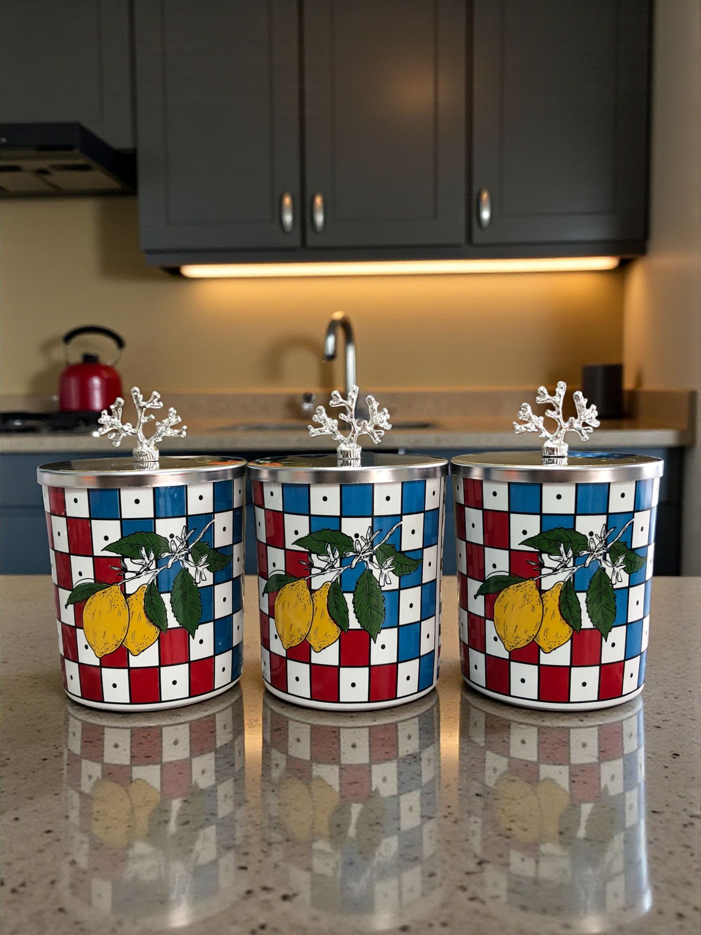 Baharatlık Silindir 3 lü Metalli Kahve Köşesi Damalı Limonlu 750 ml Mercan GÜMÜŞ