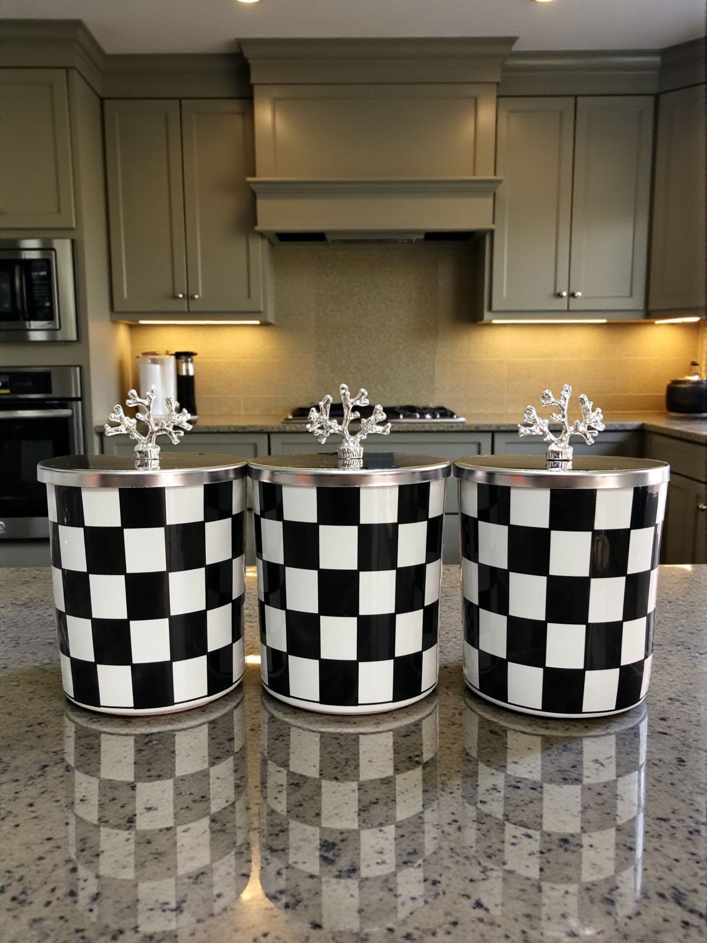 Baharatlık Silindir 3 lü Metalli Kahve Köşesi Siyah Damalı 750 ml Mercan GÜMÜŞ