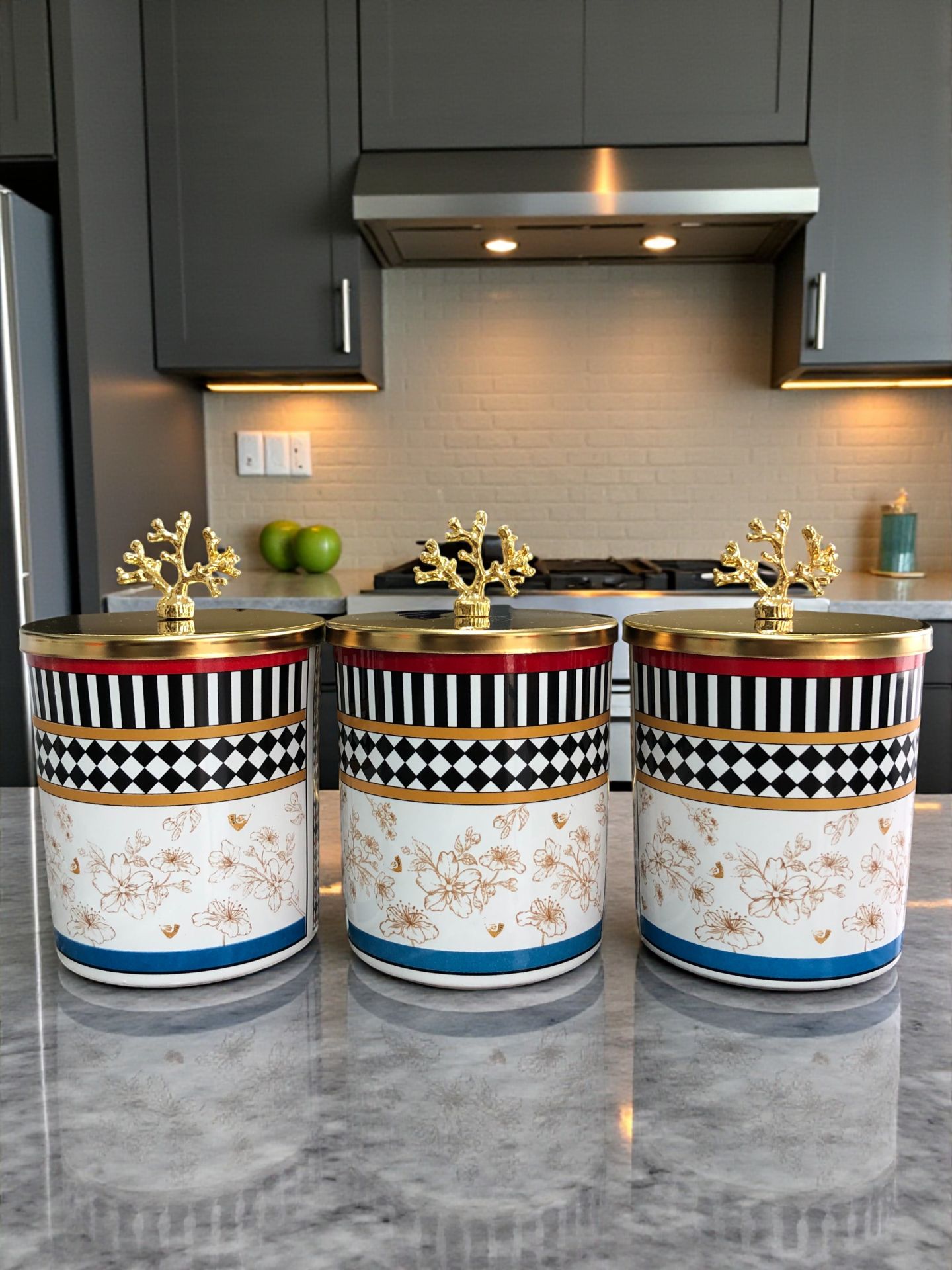 Baharatlık Silindir 3 lü Metalli Kahve Köşesi Kelebek Desenli 750 ml Mercan Gold