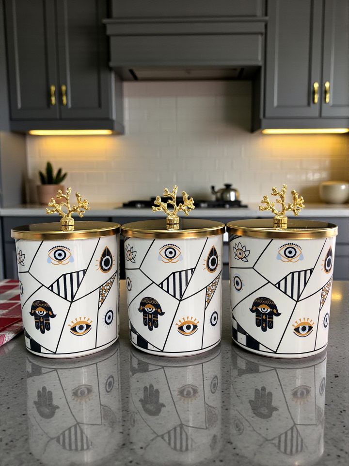 Baharatlık Silindir 3 lü Metalli Kahve Köşesi Hamse Desenli 750 ml Mercan Gold