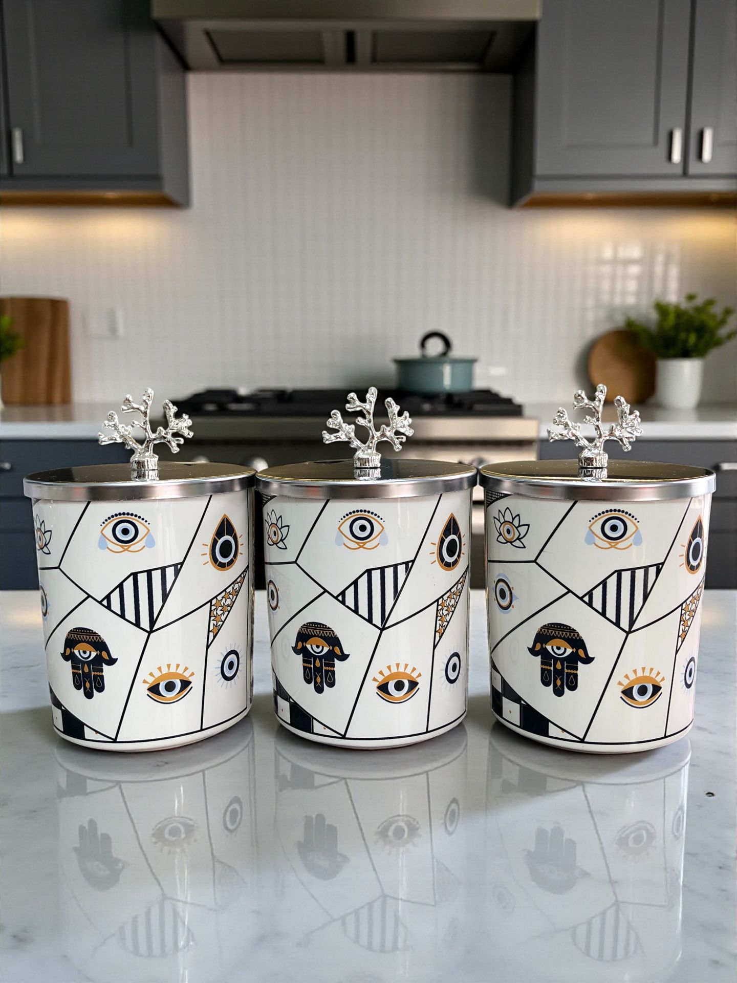 Baharatlık Silindir 3 lü Metalli Kahve Köşesi Hamse Desenli 750 ml Mercan GÜMÜŞ