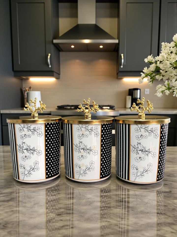 Baharatlık Silindir 3 lü Metalli Kahve Köşesi Kuş Desenli 750 ml Mercan Gold