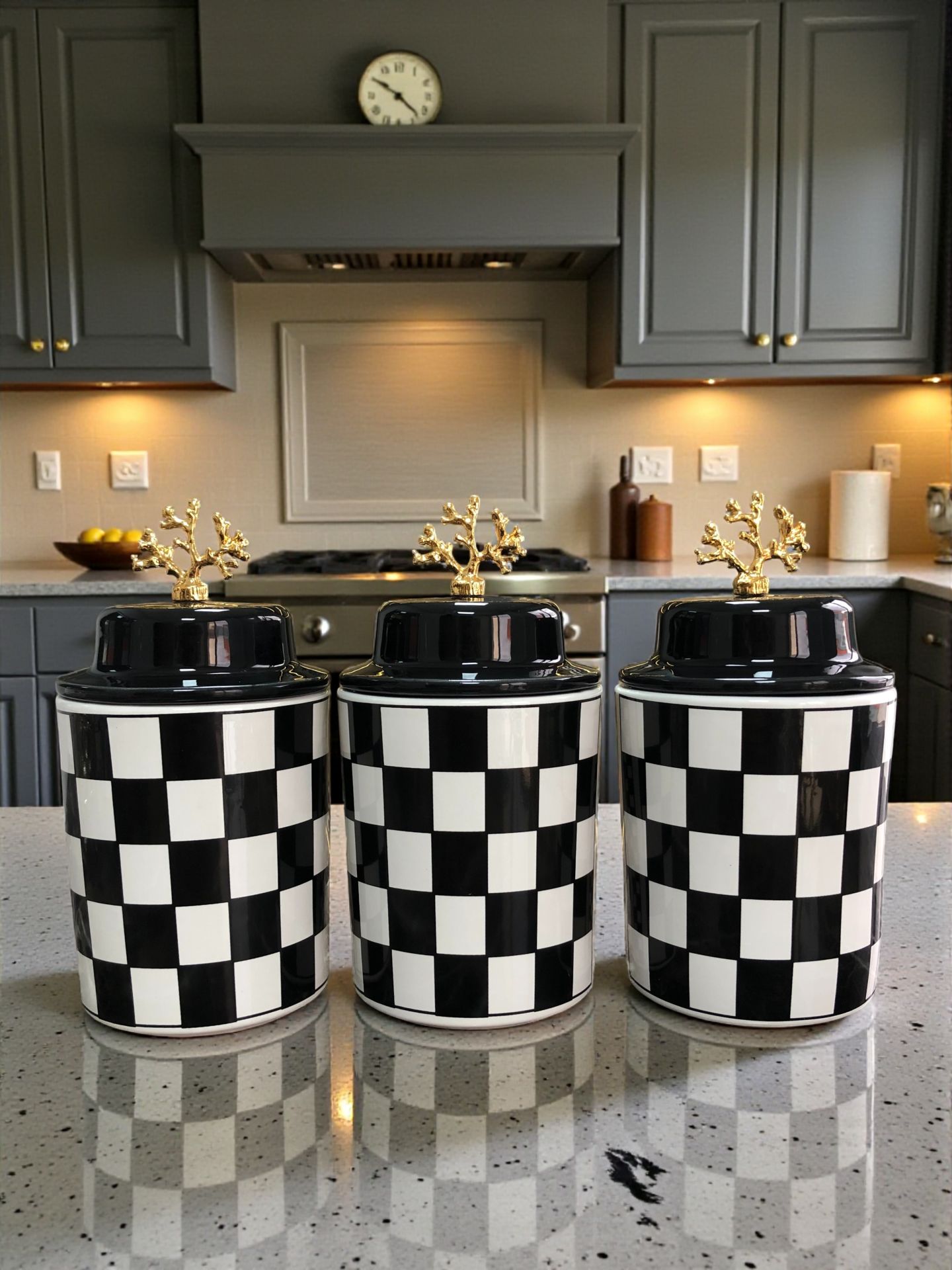 Baharatlık Silindir Seramik Kapaklı 3 lü Kahve Köşesi Siyah Damalı 750 ml Hacimli Gold