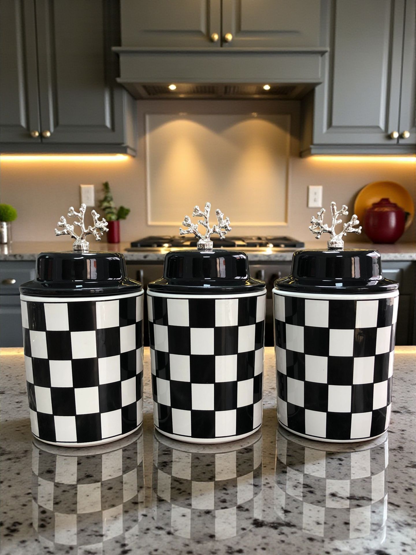 Baharatlık Silindir Seramik Kapaklı 3 lü Kahve Köşesi Siyah Damalı 750 ml Hacimli GÜMÜŞ