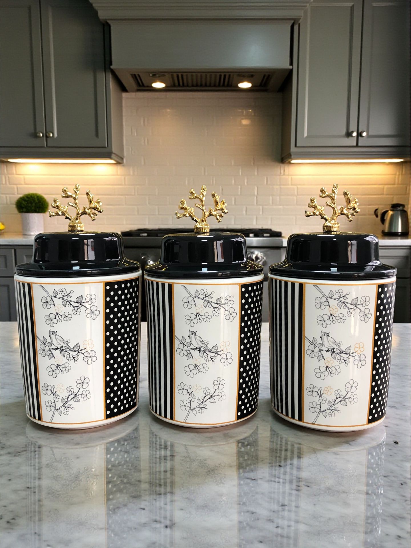 Baharatlık Silindir Seramik Kapaklı 3 lü Kahve Köşesi Kuş Desenli 750 ml Hacimli Gold