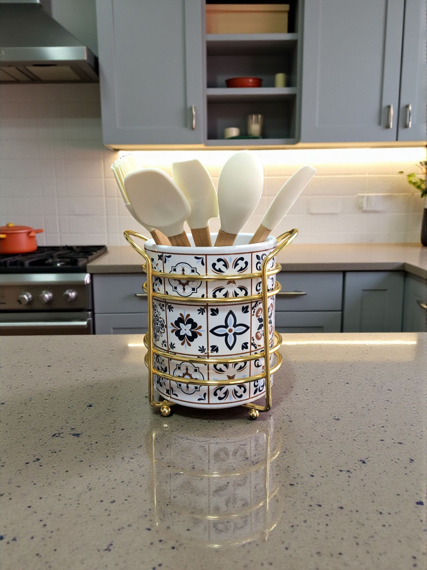 Mutfak Aksesuarı Seramik Metalli Kaşıklık Ceramic Desen GOLD