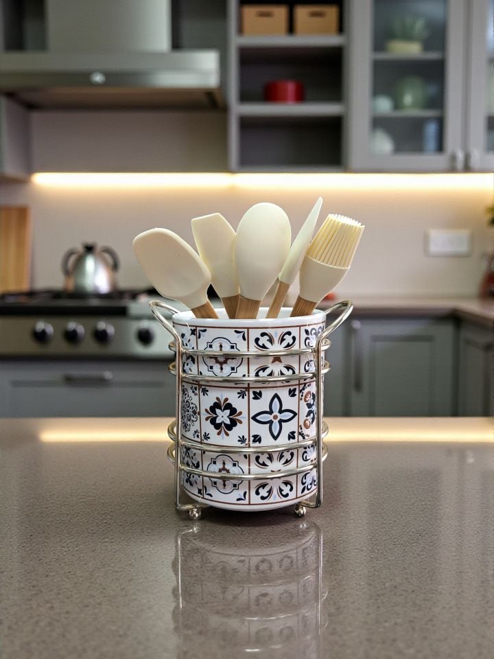 Mutfak Aksesuarı Seramik Metalli Kaşıklık Ceramic Desen GÜMÜŞ