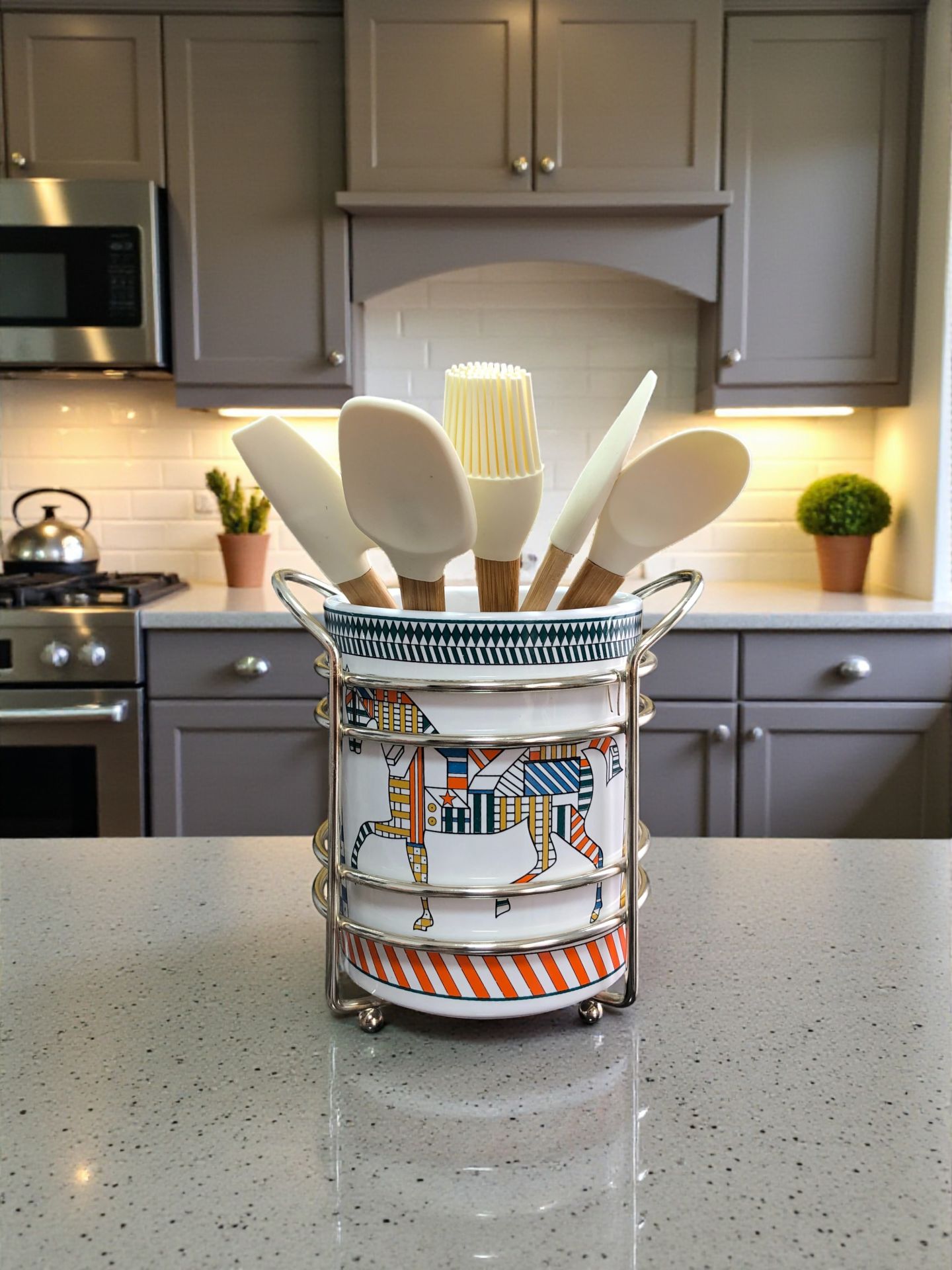 Mutfak Aksesuarı Seramik Metalli Kaşıklık Herm Desen GÜMÜŞ