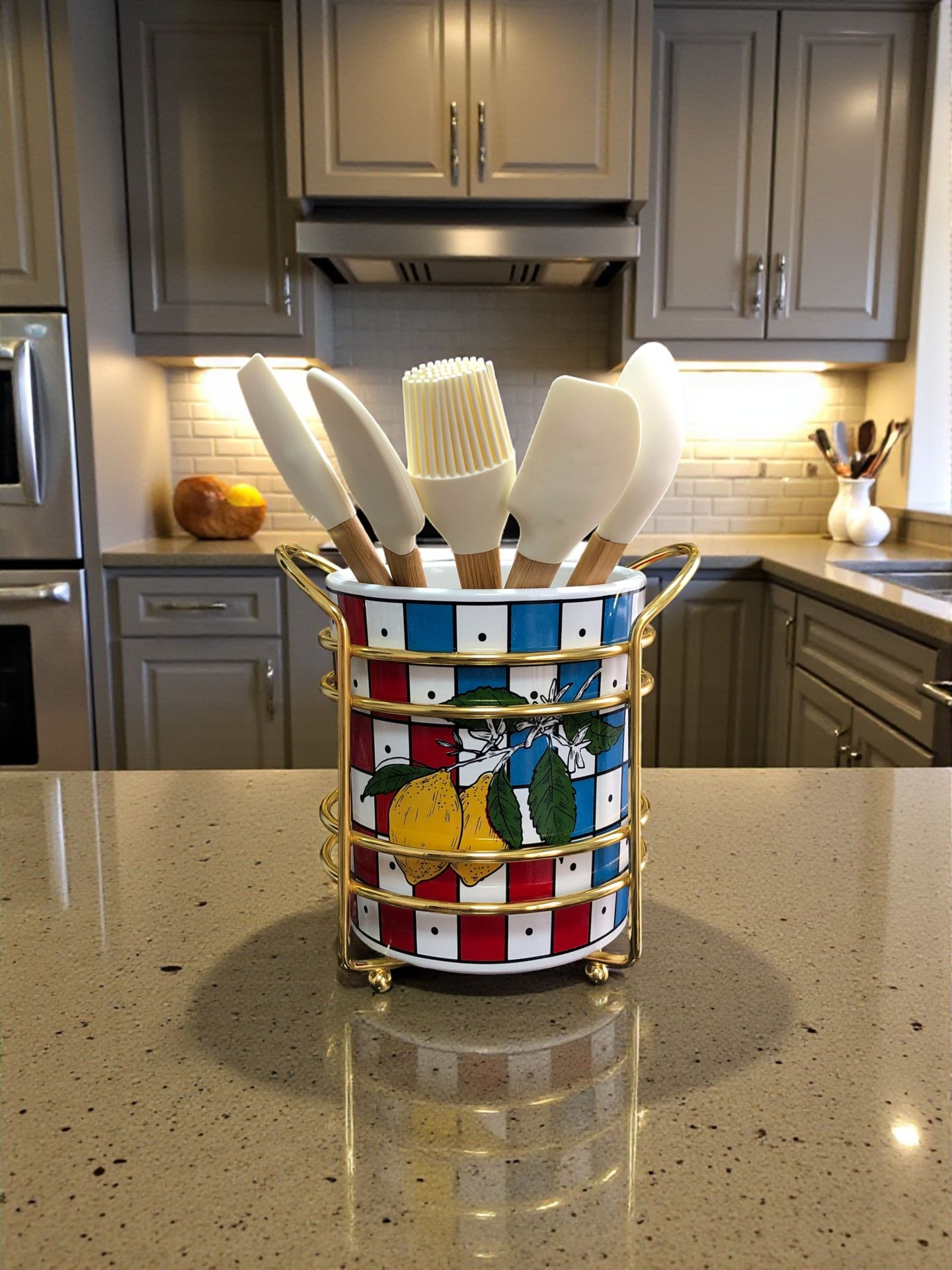 Mutfak Aksesuarı Seramik Metalli Kaşıklık Damalı Limonlu Desen GOLD