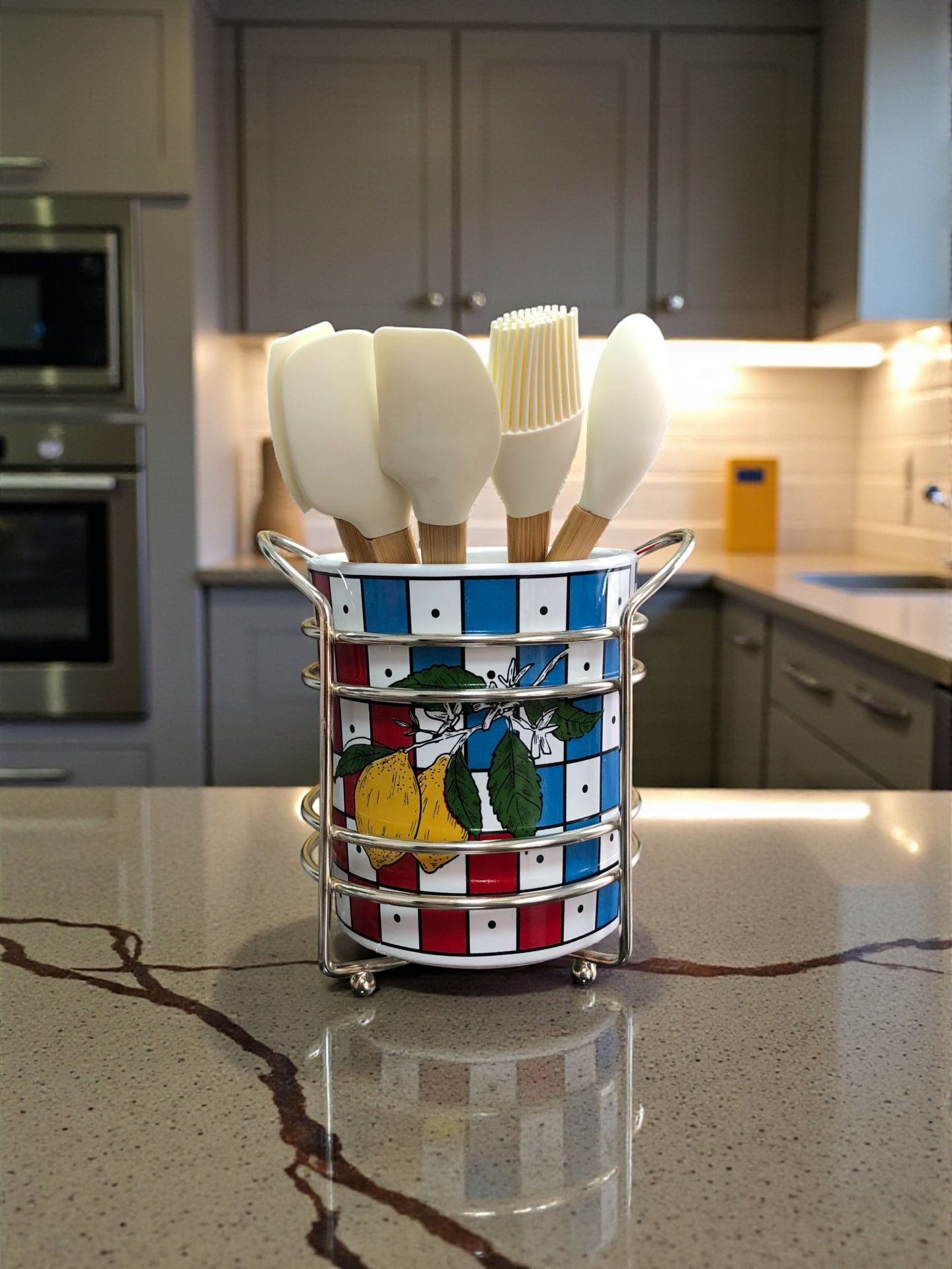 Mutfak Aksesuarı Seramik Metalli Kaşıklık Damalı Limonlu Desen GÜMÜŞ