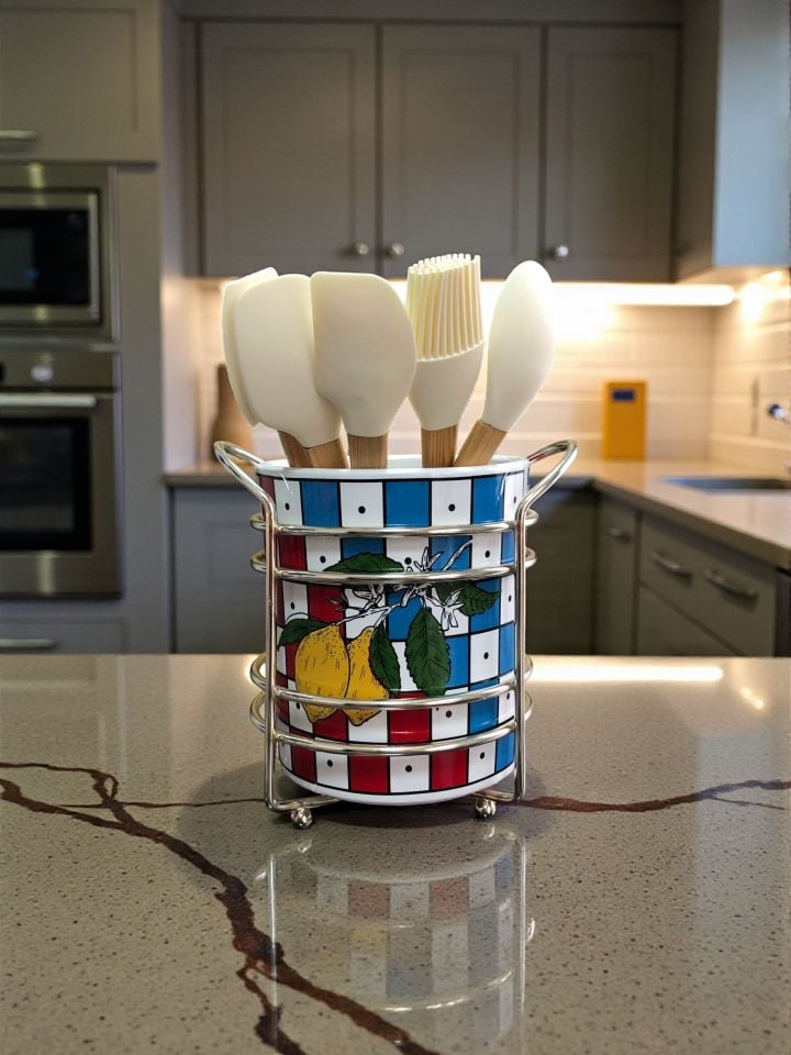 Mutfak Aksesuarı Seramik Metalli Kaşıklık Damalı Limonlu Desen GÜMÜŞ