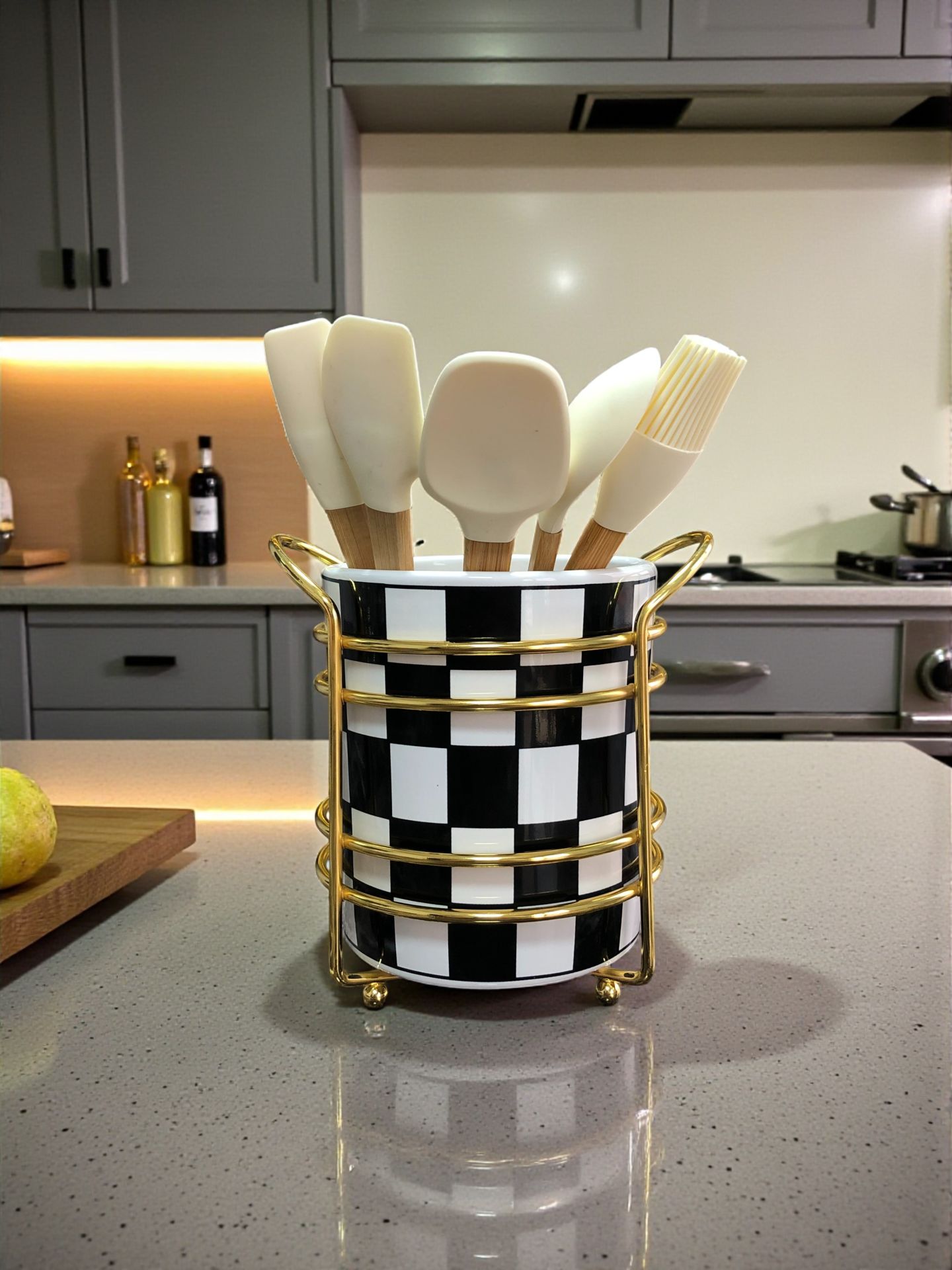 Mutfak Aksesuarı Seramik Metalli Kaşıklık Siyah Damalı Desen GOLD