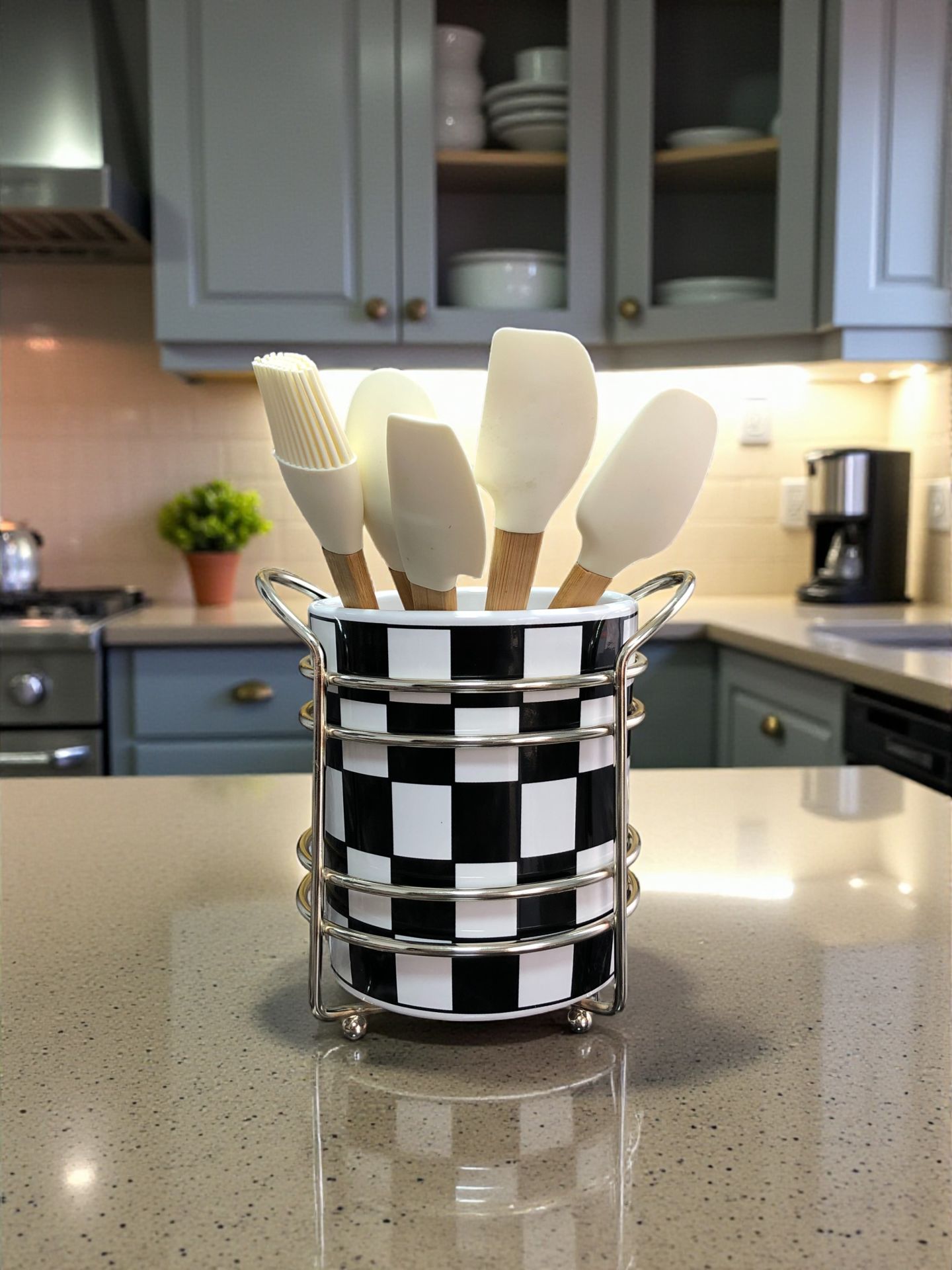 Mutfak Aksesuarı Seramik Metalli Kaşıklık Siyah Damalı Desen GÜMÜŞ