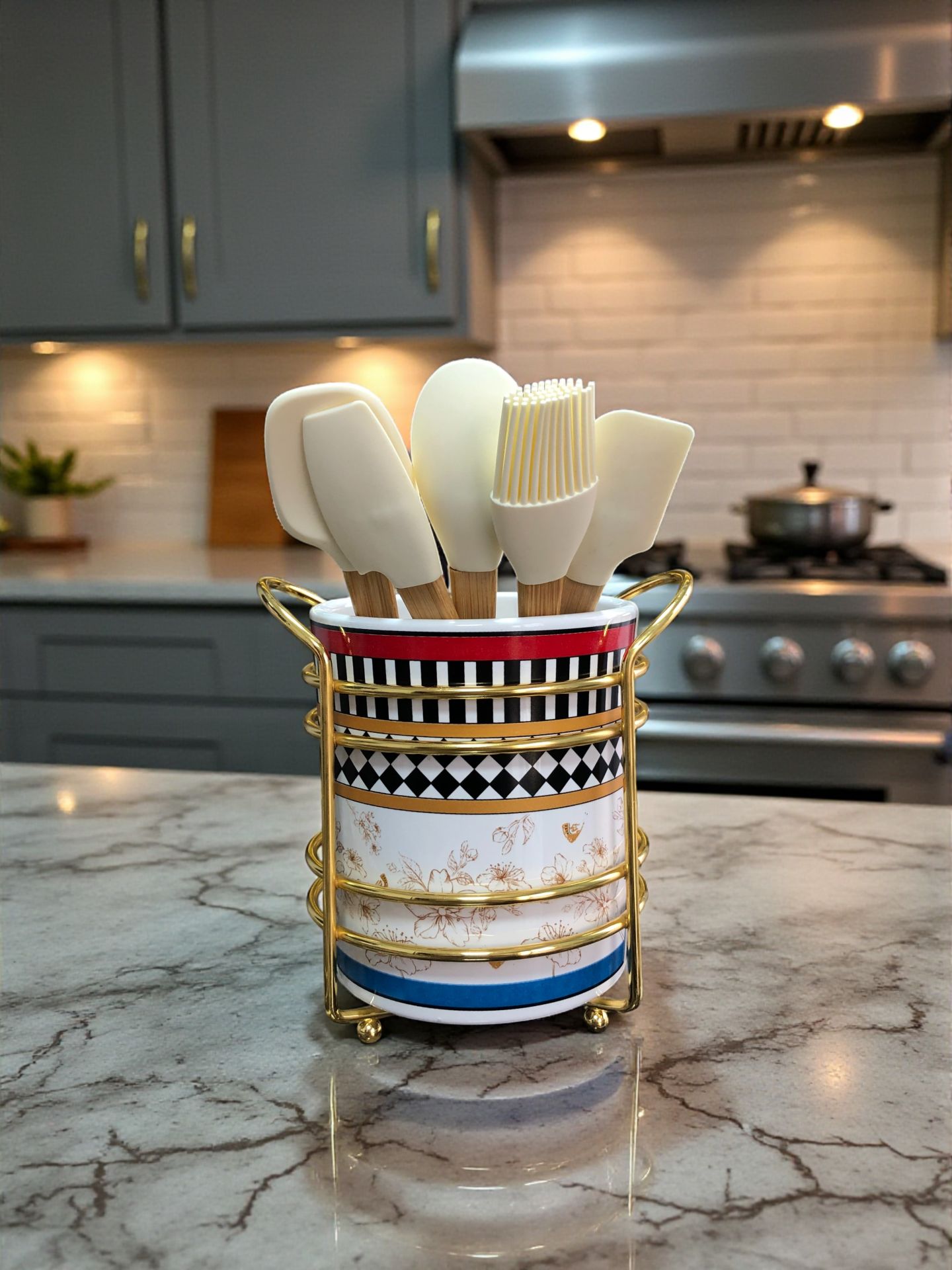 Mutfak Aksesuarı Seramik Metalli Kaşıklık Kelebek Desen GOLD