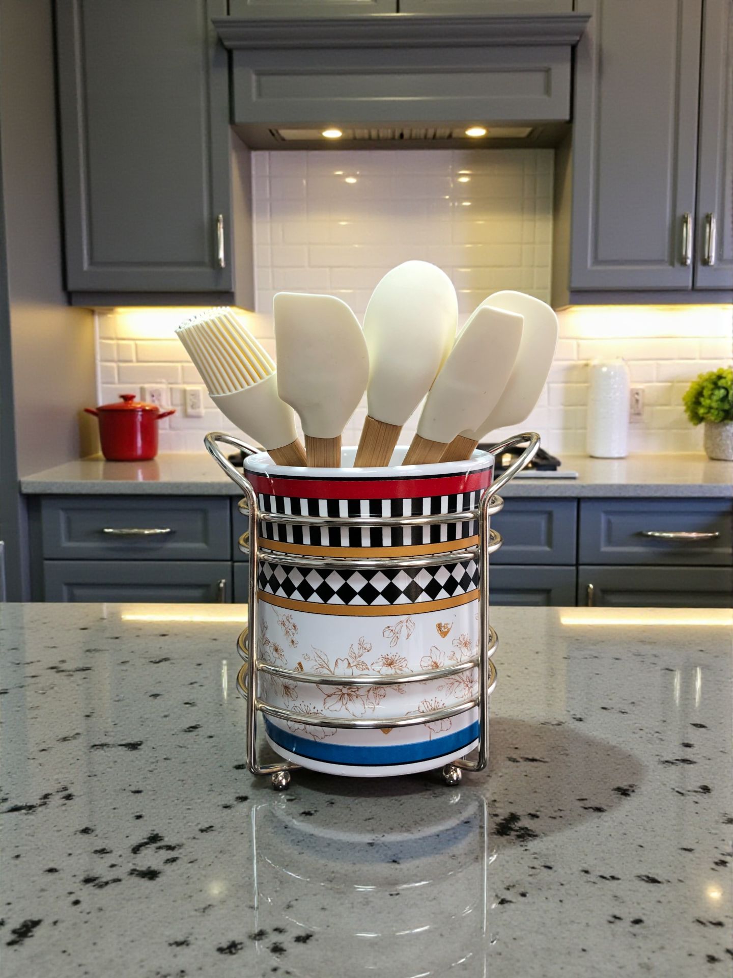 Mutfak Aksesuarı Seramik Metalli Kaşıklık Kelebek Desen GÜMÜŞ