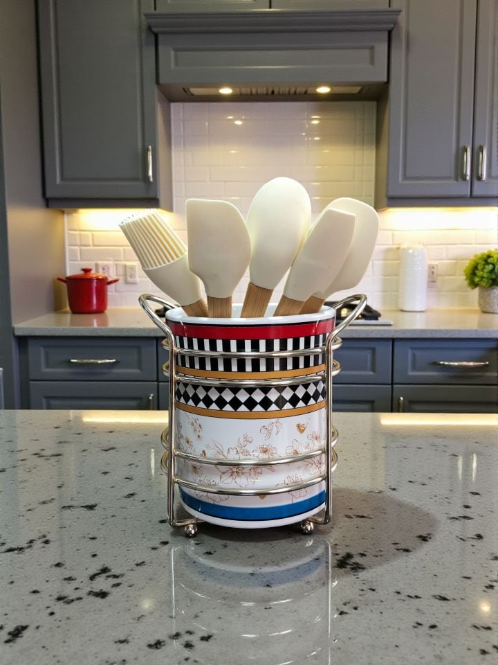 Mutfak Aksesuarı Seramik Metalli Kaşıklık Kelebek Desen GÜMÜŞ