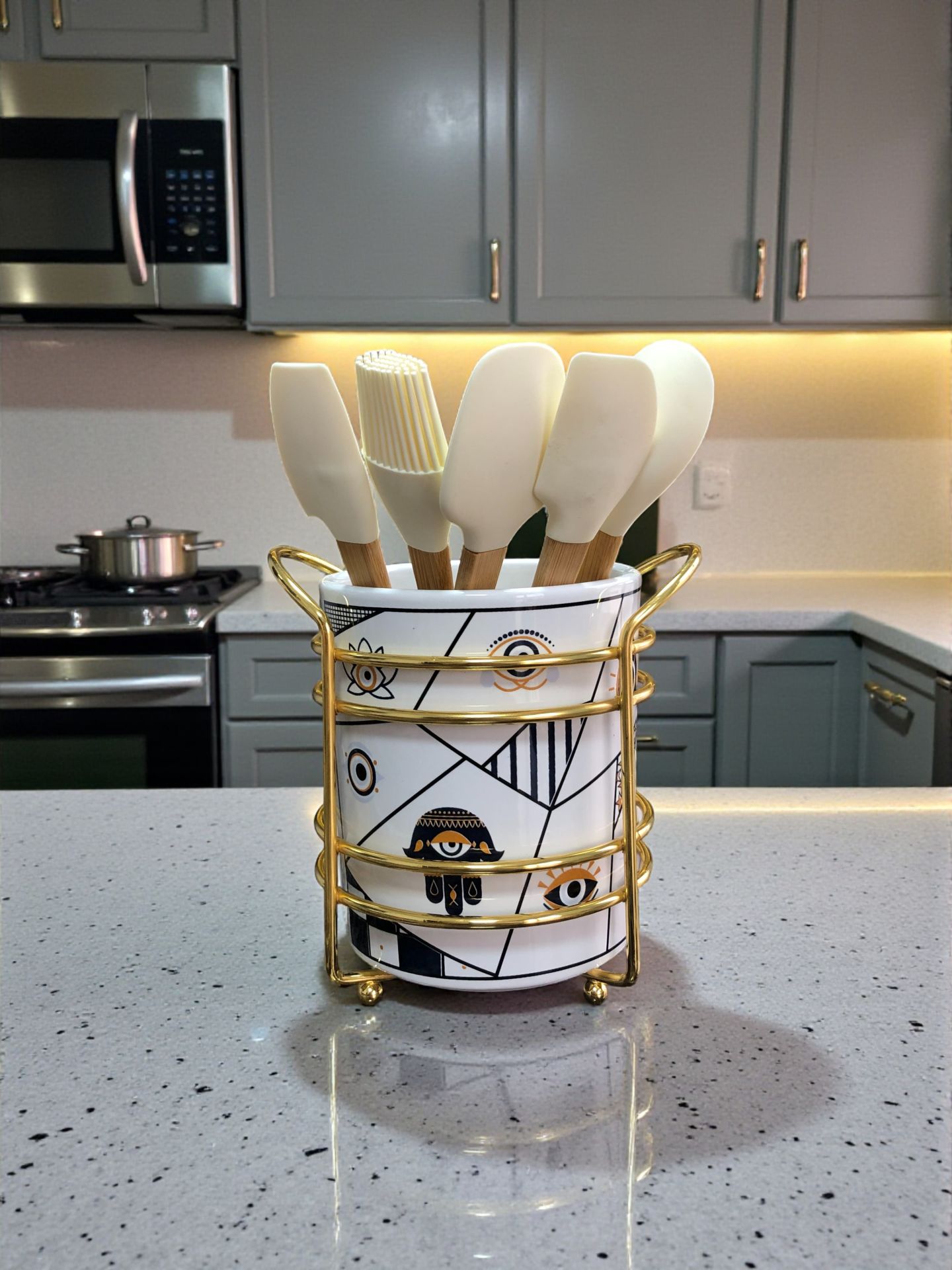 Mutfak Aksesuarı Seramik Metalli Kaşıklık Hamse Desen GOLD