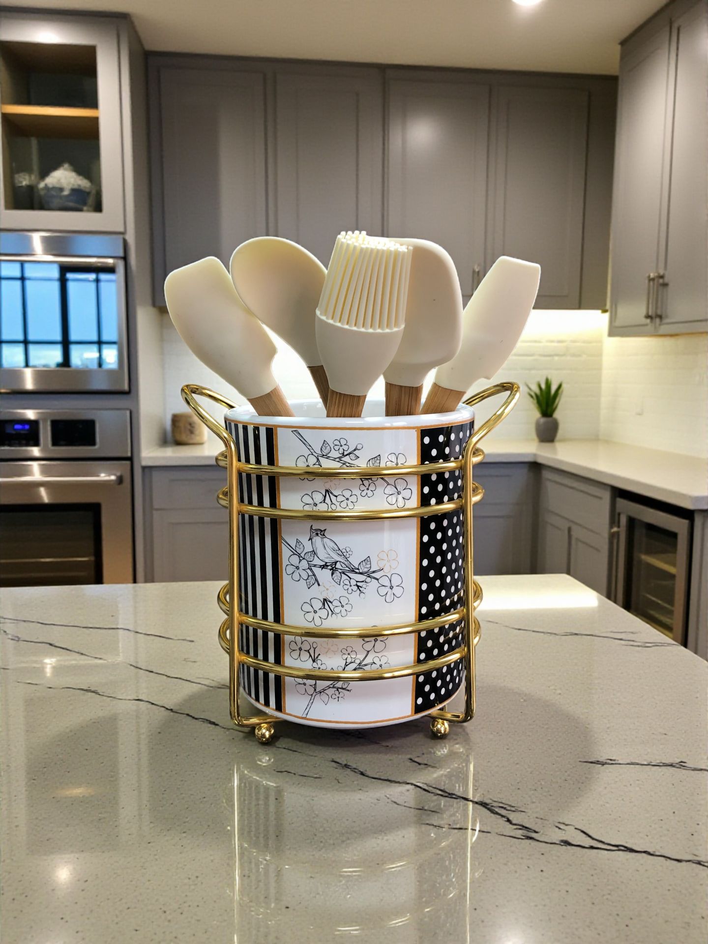 Mutfak Aksesuarı Seramik Metalli Kaşıklık Kuş Desen GOLD