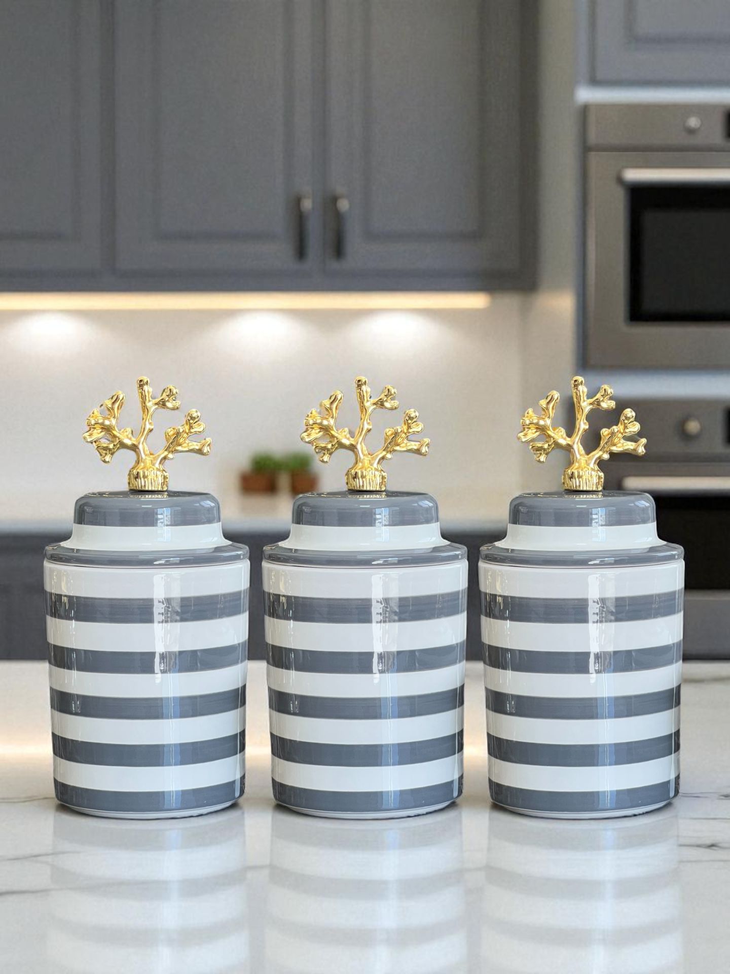 Baharatlık 3 lü Seramik Kapaklı Silindir Kahve Köşesi Seti Gri Klasik Zebra Gold