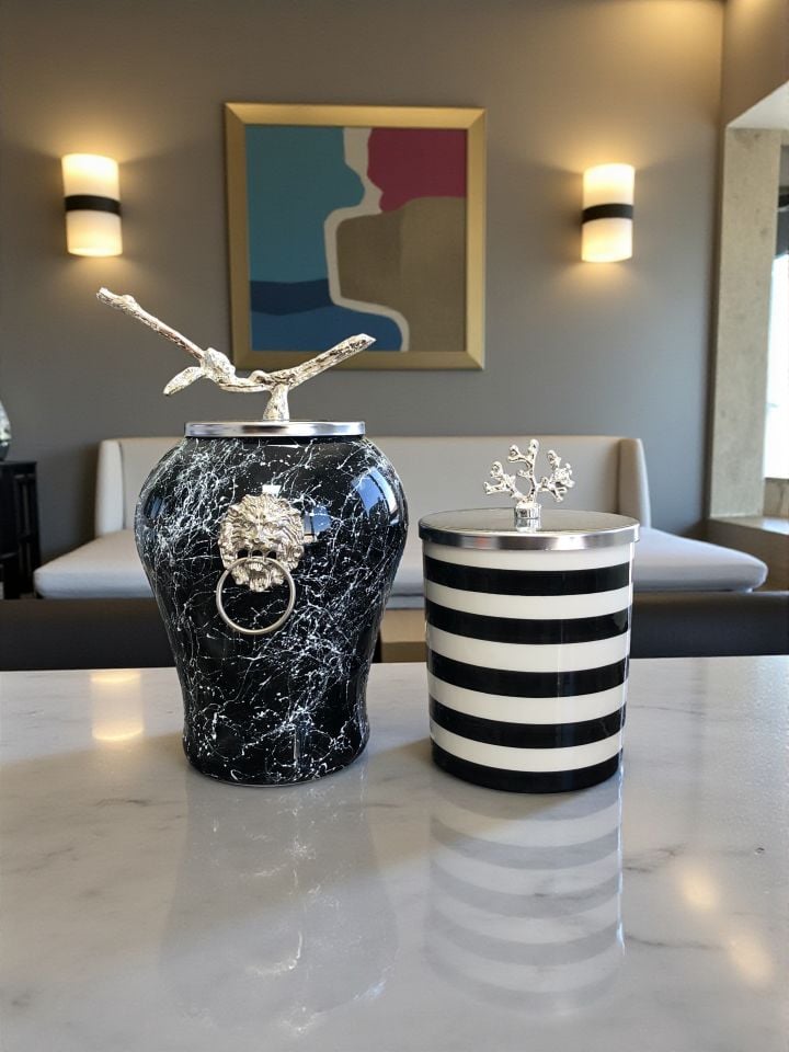 Dekoratif Obje Aslanlı Şah Küp Siyah Mermer Silindir Siyah Zebra Gümüş