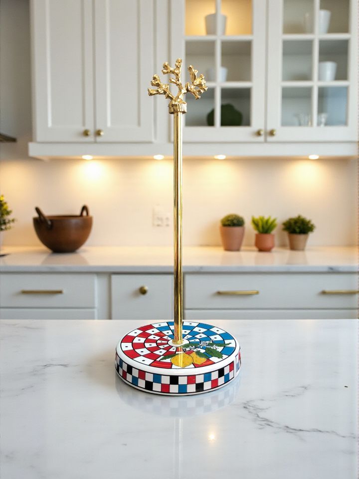 Kağıt Havluluk Rulo Peçetelik Mutfak Aksesuarı Seramik Damalı Limonlu Desen Gold