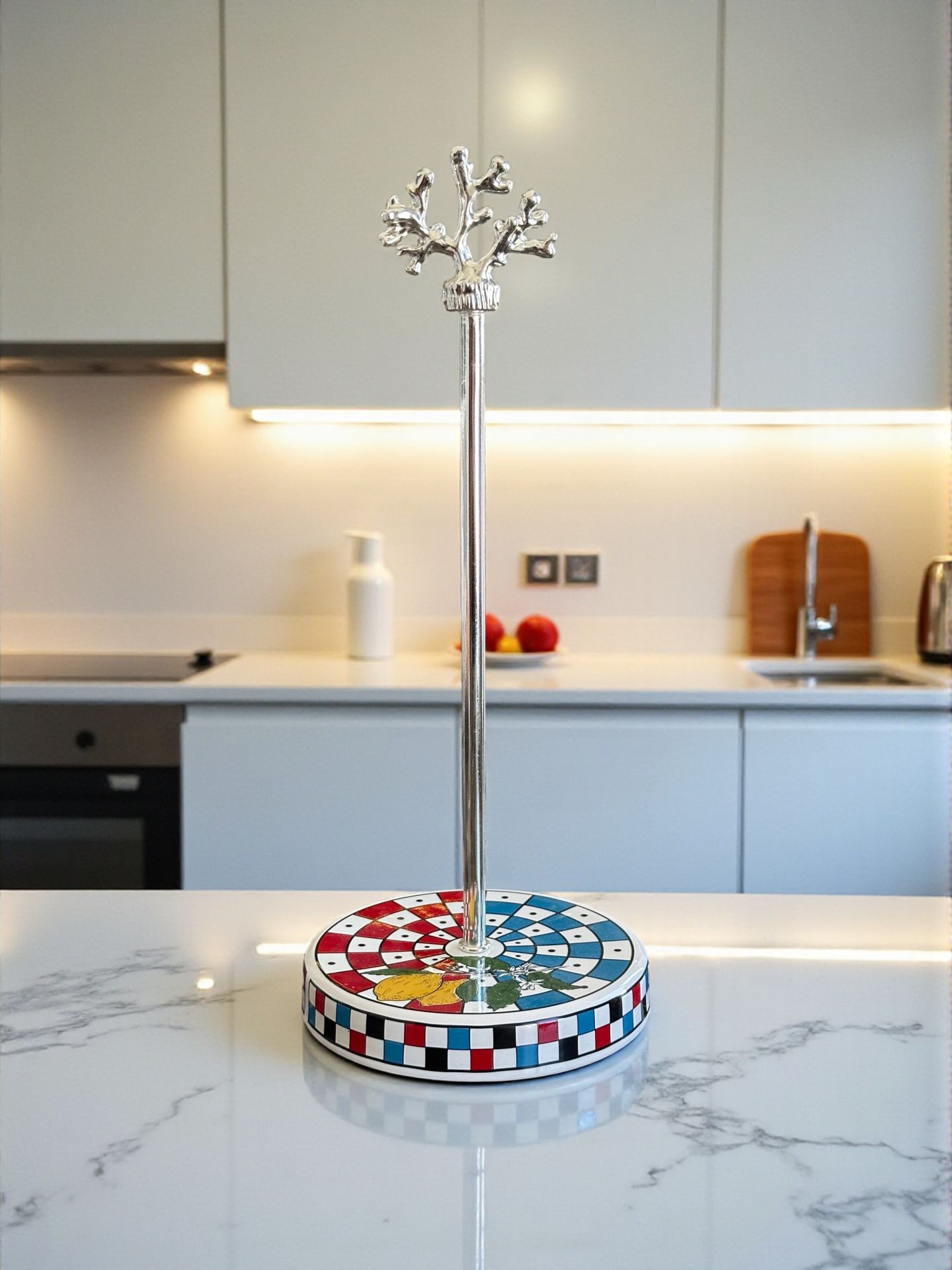 Kağıt Havluluk Rulo Peçetelik Mutfak Aksesuarı Seramik Damalı Limonlu Desen GÜMÜŞ