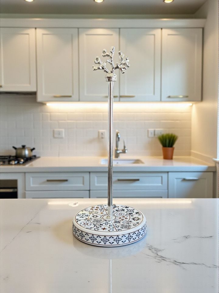 Kağıt Havluluk Rulo Peçetelik Mutfak Aksesuarı Seramik Ceramic Desen GÜMÜŞ