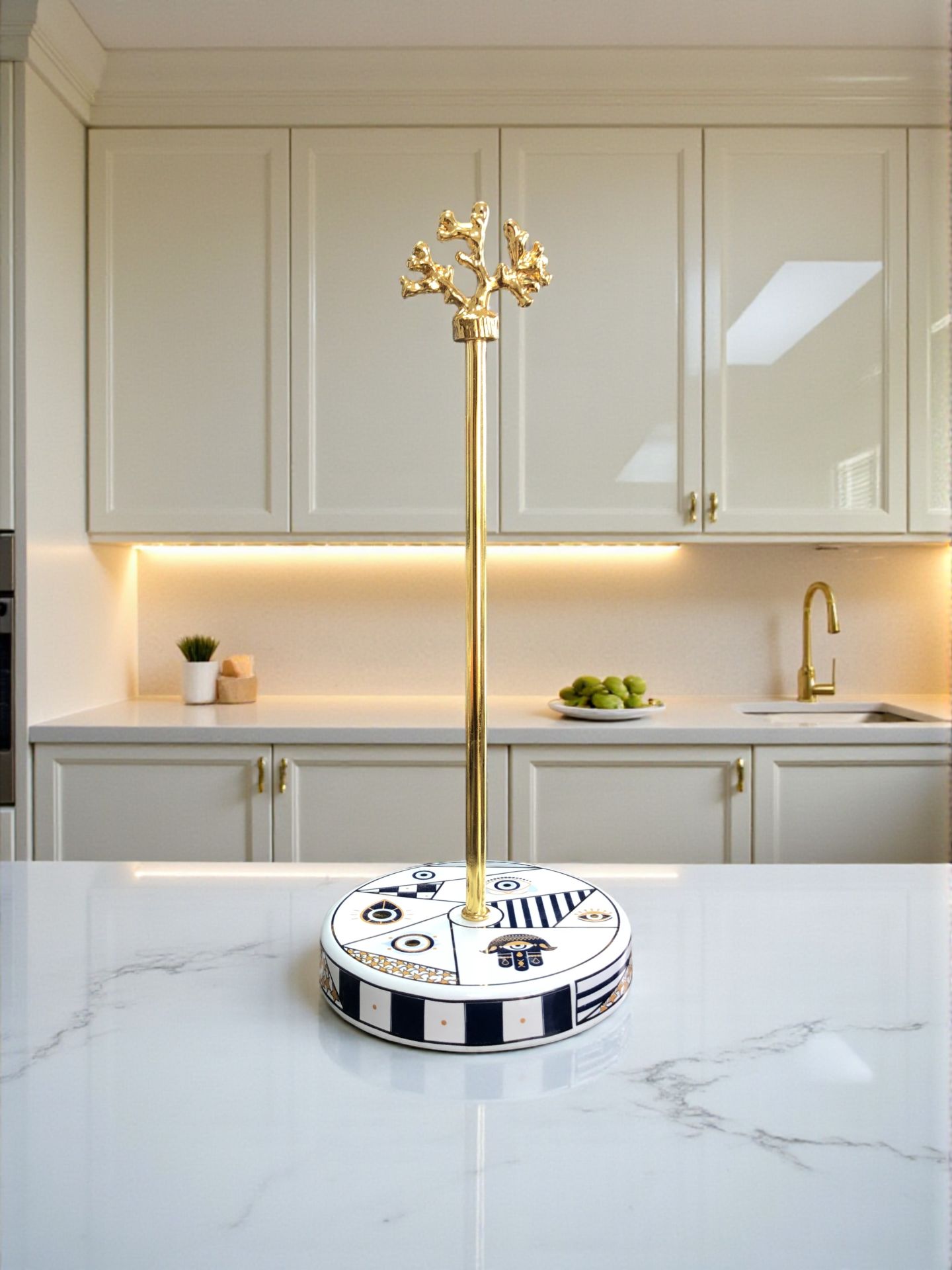 Kağıt Havluluk Rulo Peçetelik Mutfak Aksesuarı Seramik Hamse Desen Gold