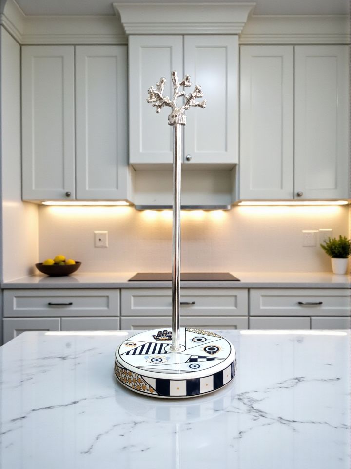 Kağıt Havluluk Rulo Peçetelik Mutfak Aksesuarı Seramik Hamse Desen GÜMÜŞ