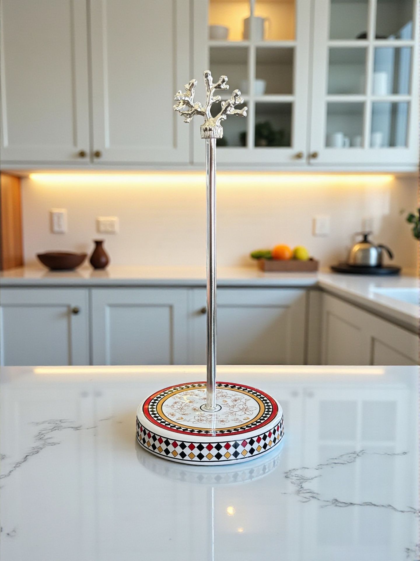 Kağıt Havluluk Rulo Peçetelik Mutfak Aksesuarı Seramik Kelebek Desen GÜMÜŞ - Kağıt Havluluk