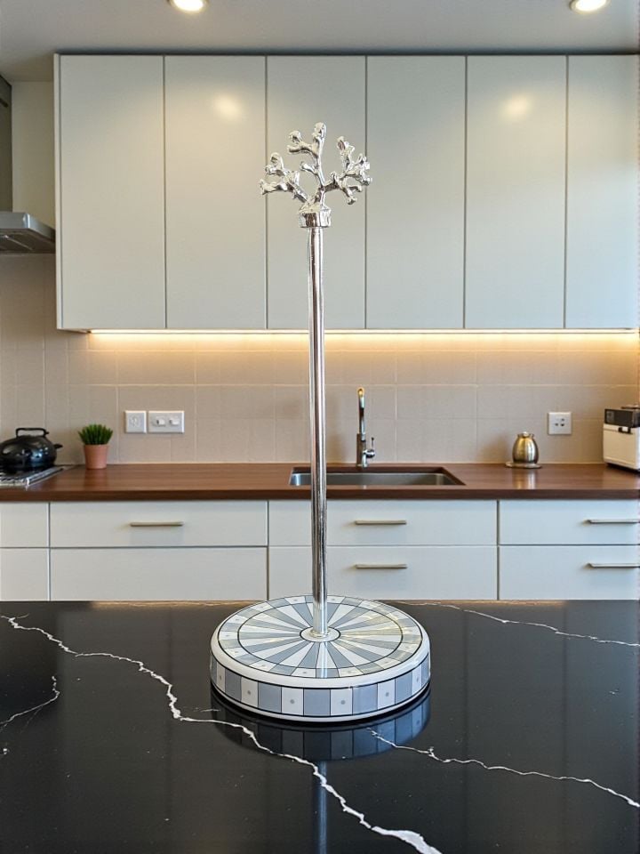 Kağıt Havluluk Rulo Peçetelik Mutfak Aksesuarı Seramik Gri Dama Dik Desen GÜMÜŞ