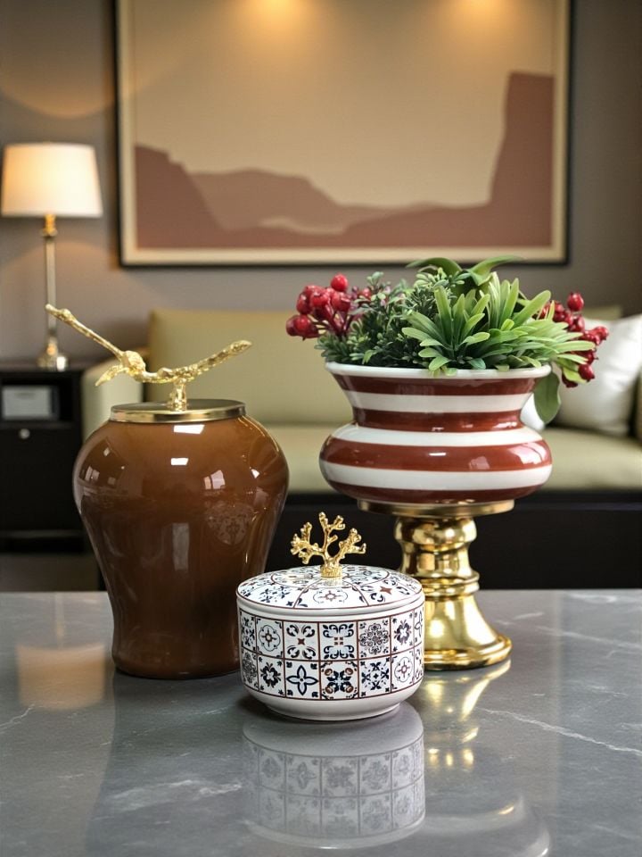 Dekoratif Obje SALON SETİ Kahverengi Zebra Ayaklı Saksı Kahverengi Şah Ceramic Desen Kutu Gold