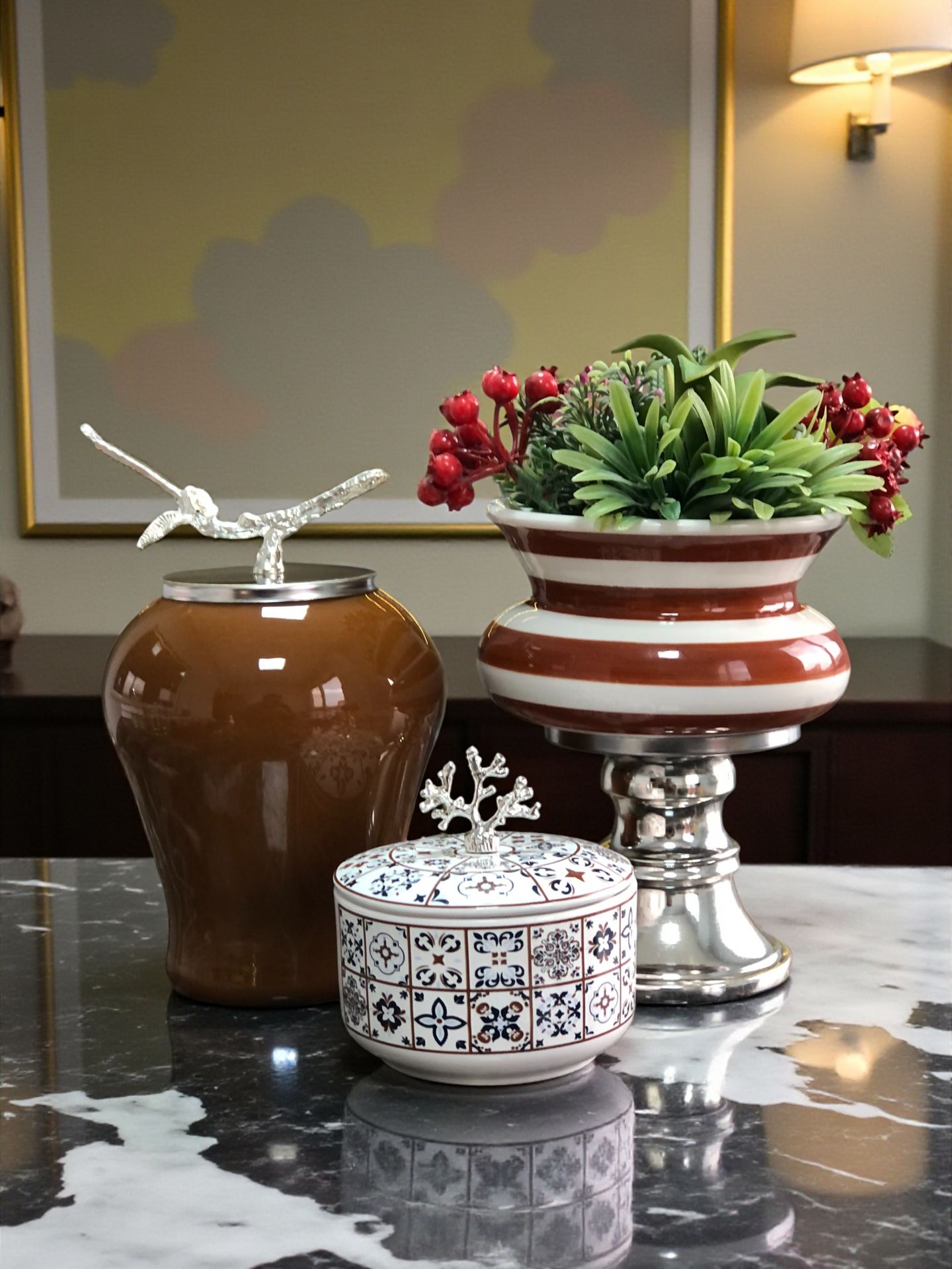 Dekoratif Obje SALON SETİ Kahverengi Zebra Ayaklı Saksı Kahverengi Şah Ceramic Desen Kutu GÜMÜŞ