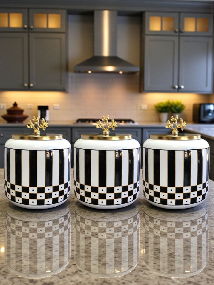 Büyük Boy Kahve Köşesi Seti Oval Baharatlık 1400 ml (Çay,Kahve,Şeker) Siyah Kare Dik Çizgi Gold