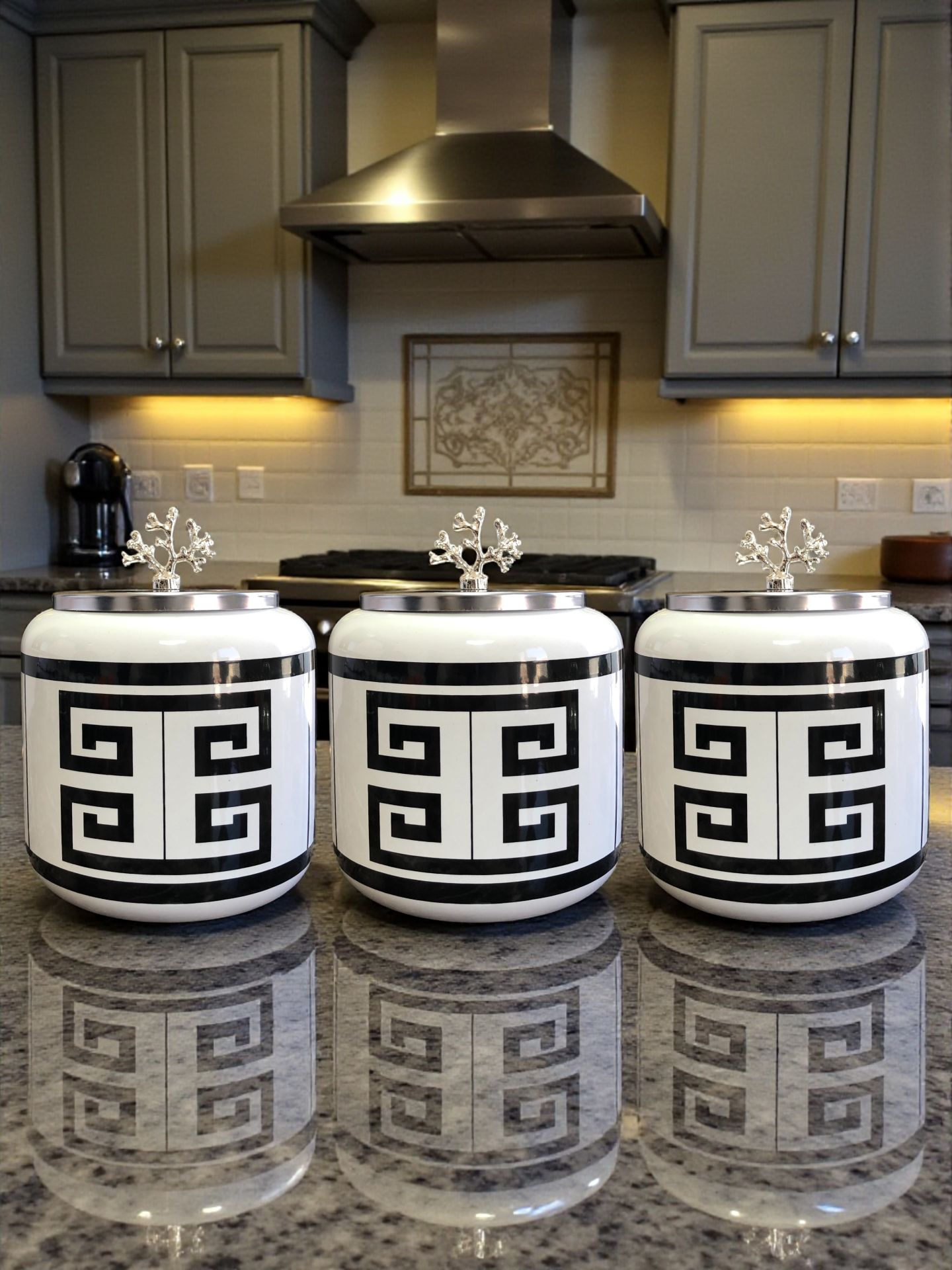 Büyük Boy Kahve Köşesi Seti Oval Baharatlık 1400 ml (Çay,Kahve,Şeker) Siyah Versa Desen GÜMÜŞ