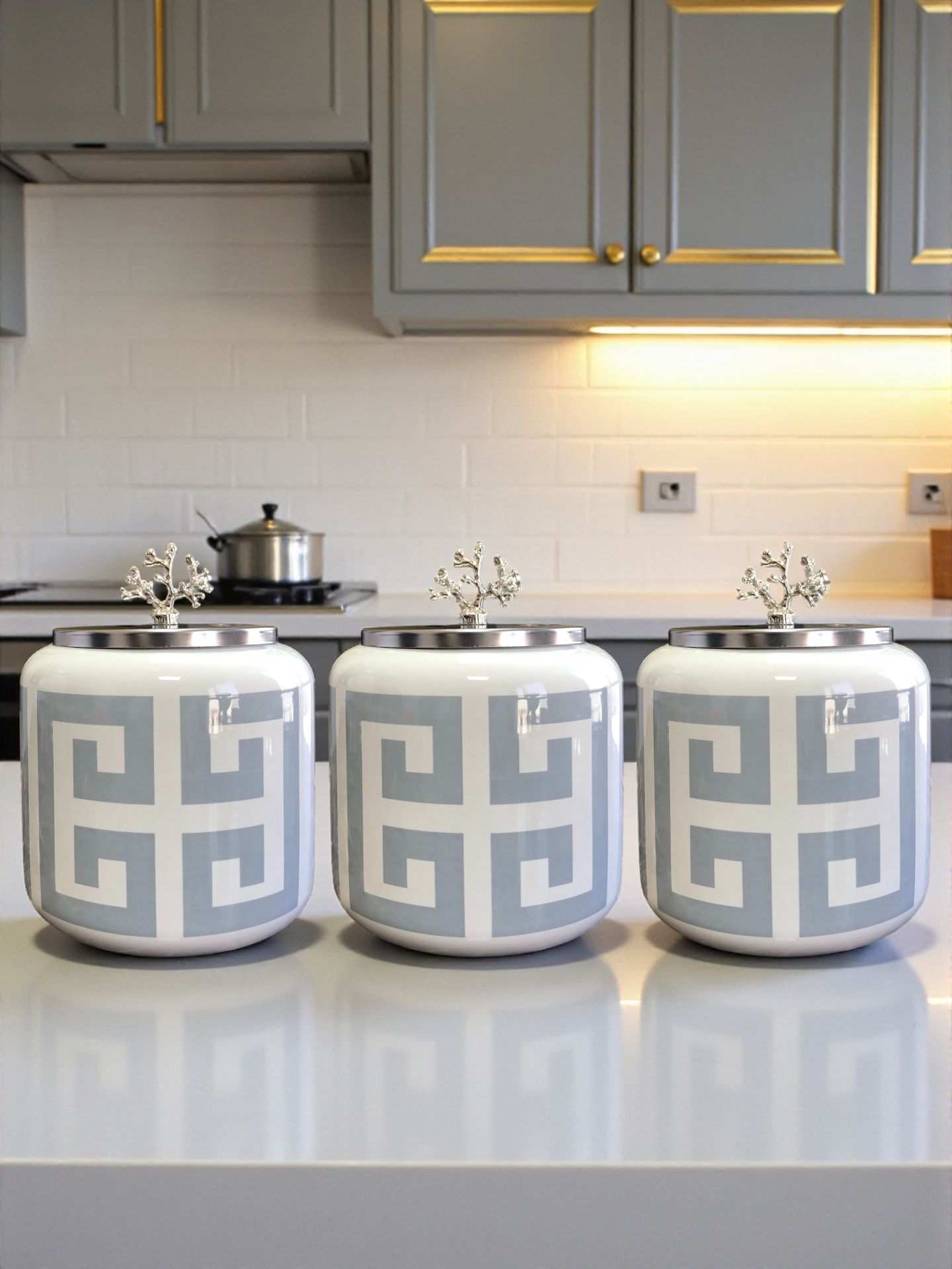Büyük Boy Kahve Köşesi Seti Oval Baharatlık 1400 ml (Çay,Kahve,Şeker) Gri Versa Desen GÜMÜŞ