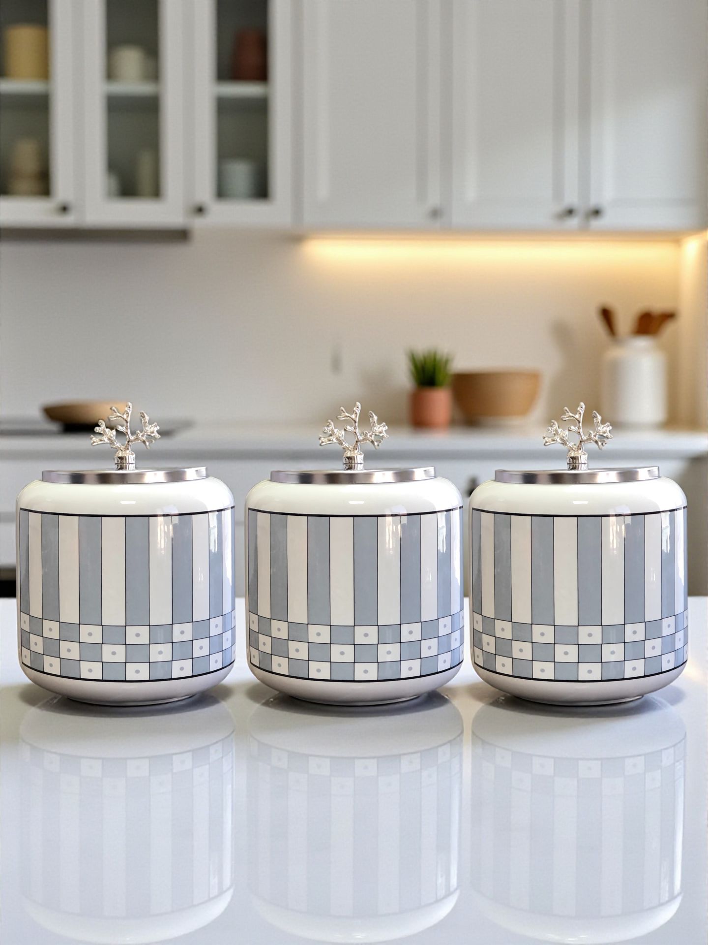 Büyük Boy Kahve Köşesi Seti Oval Baharatlık 1400 ml (Çay,Kahve,Şeker) Gri Kare Dik Çizgi GÜMÜŞ
