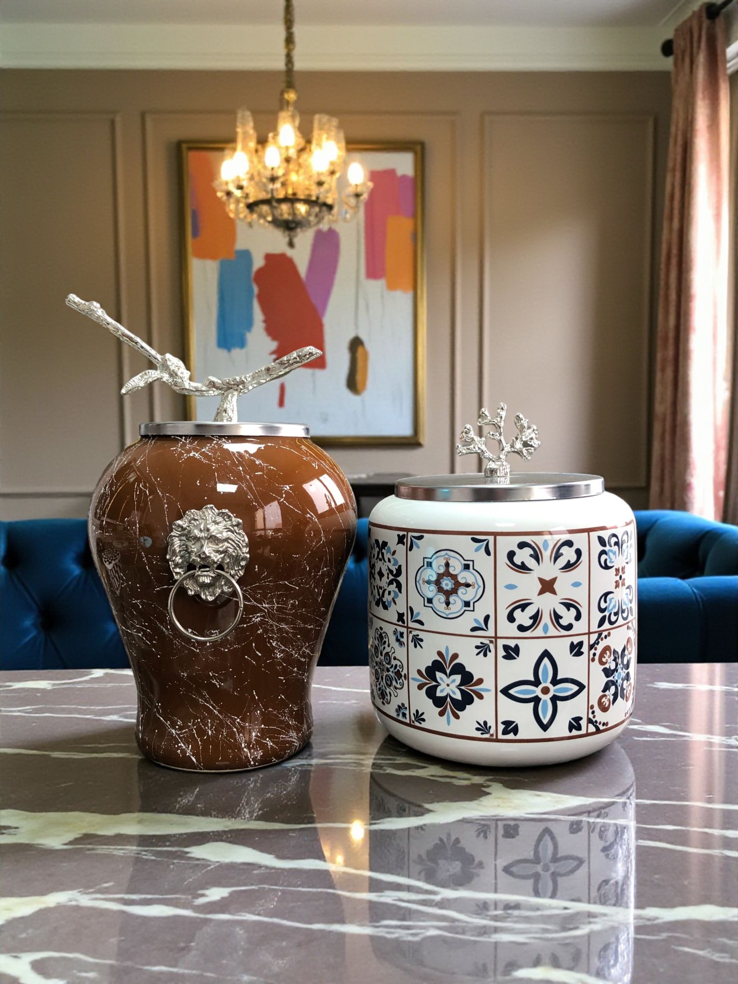 Kahverengi Beyaz Mermer Şah Ceramic Desen Oval GÜMÜŞ