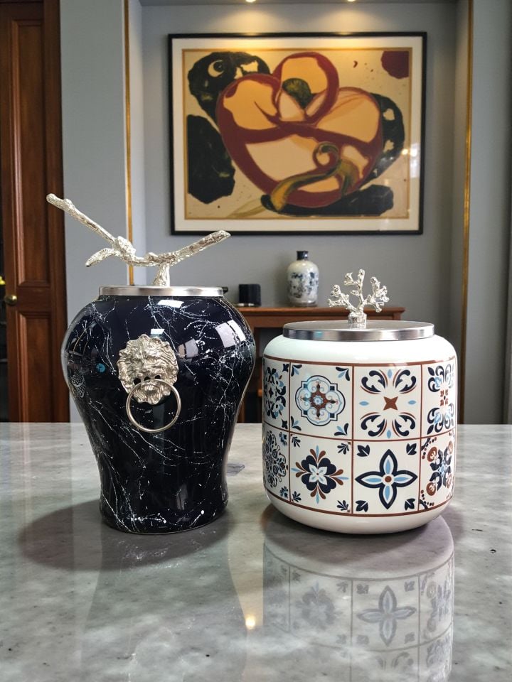 Lacivert Beyaz Mermer Şah Ceramic Desen Oval GÜMÜŞ