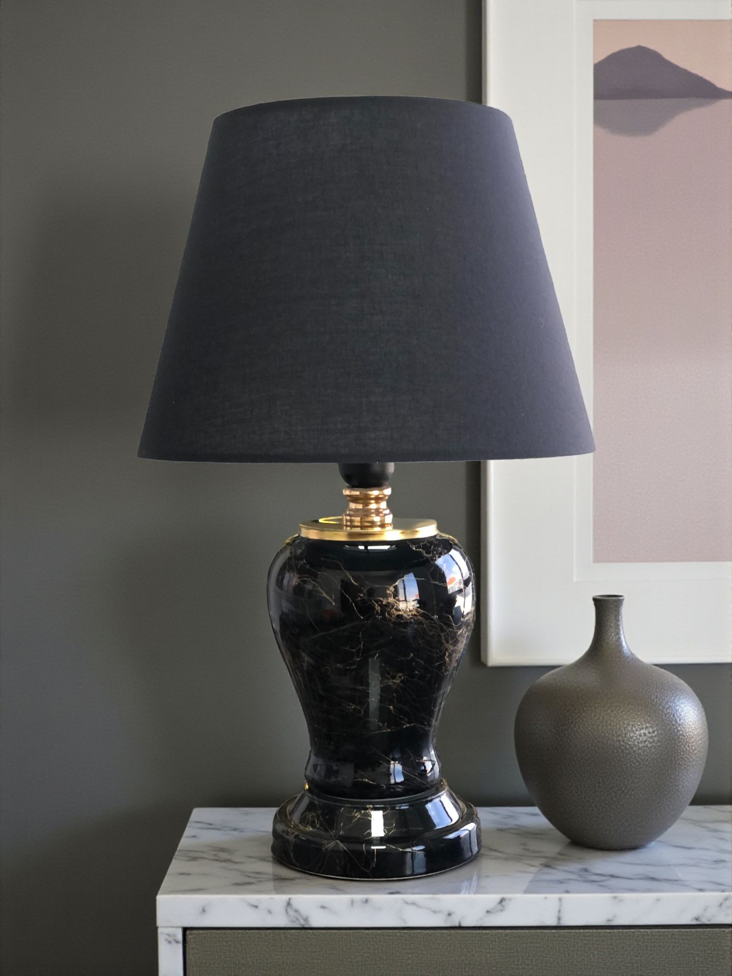 Abajur Aydınlatma Şah Siyah Gold Mermer Siyah Şapka Gold