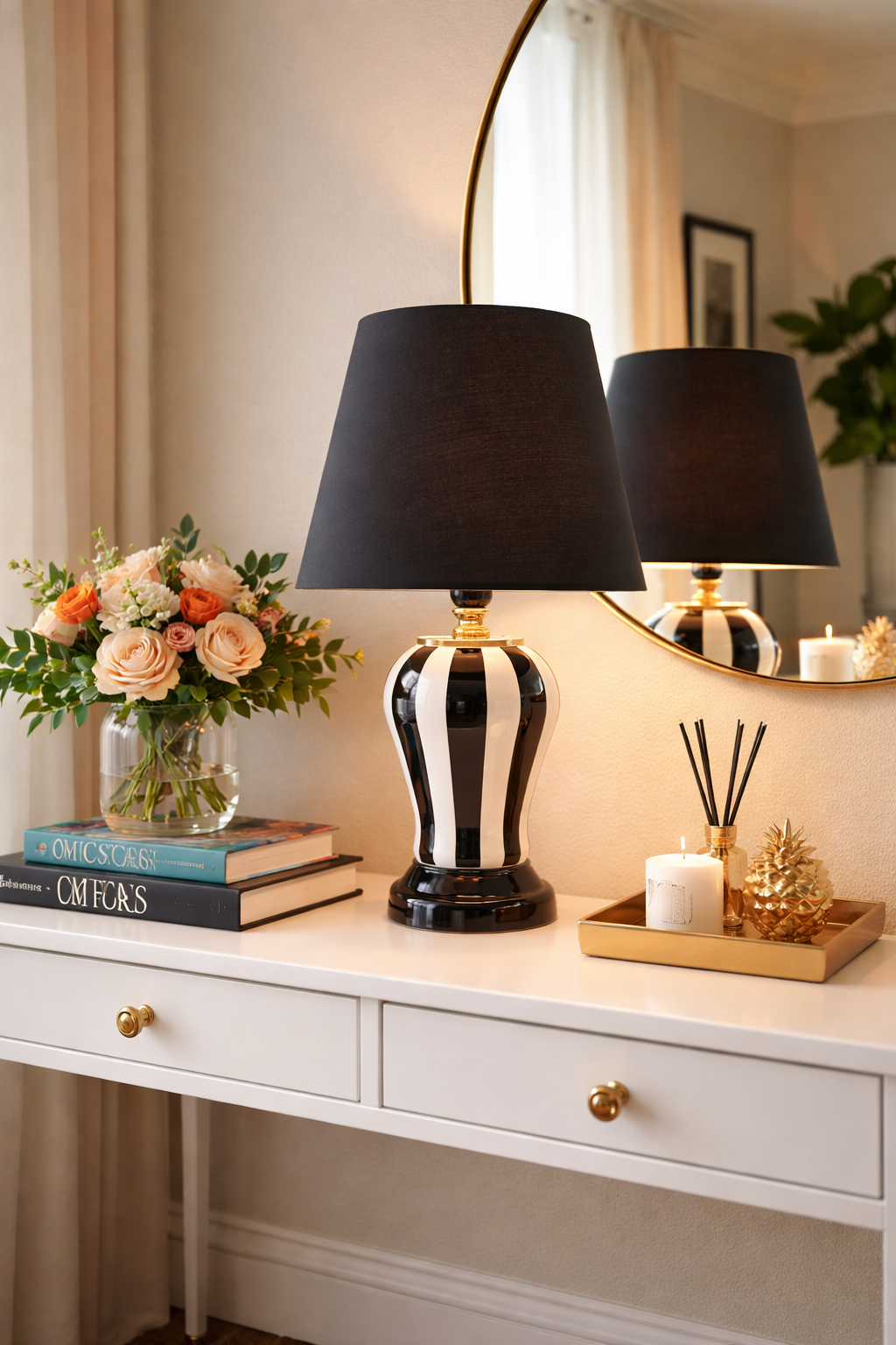 Abajur Aydınlatma Şah Siyah Dik Çizgi Siyah Şapka Gold