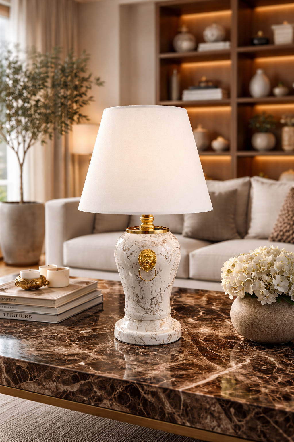 Abajur Aydınlatma Şah Aslanlı Beyaz Gold Mermer Beyaz Şapka Gold